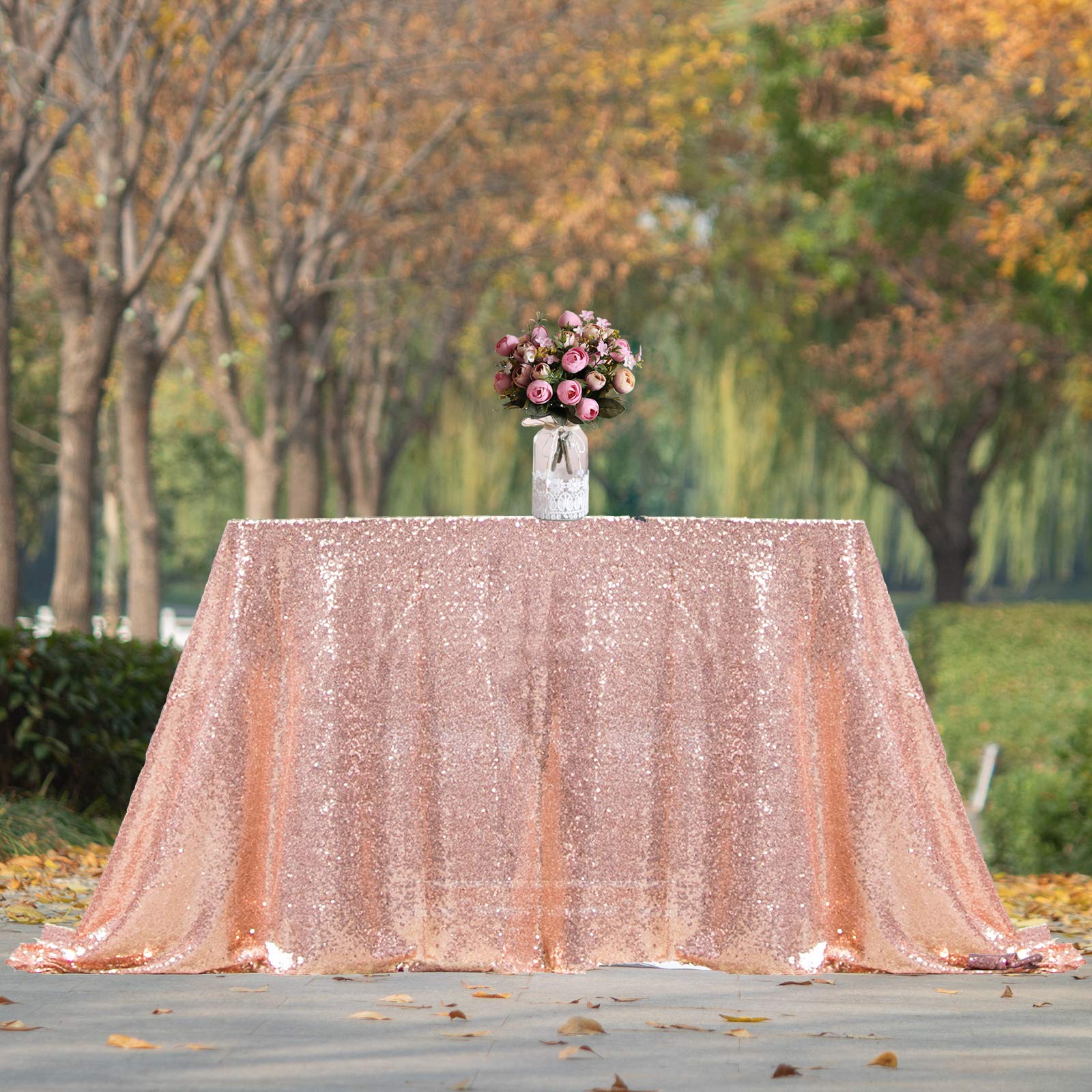 JYFLZQ Rose Gold Sequin Tablecloth 90 x 132 Rectangular Sparkly Drape Table Cloths Table Cover Overlay for Wedding Birthday Part
