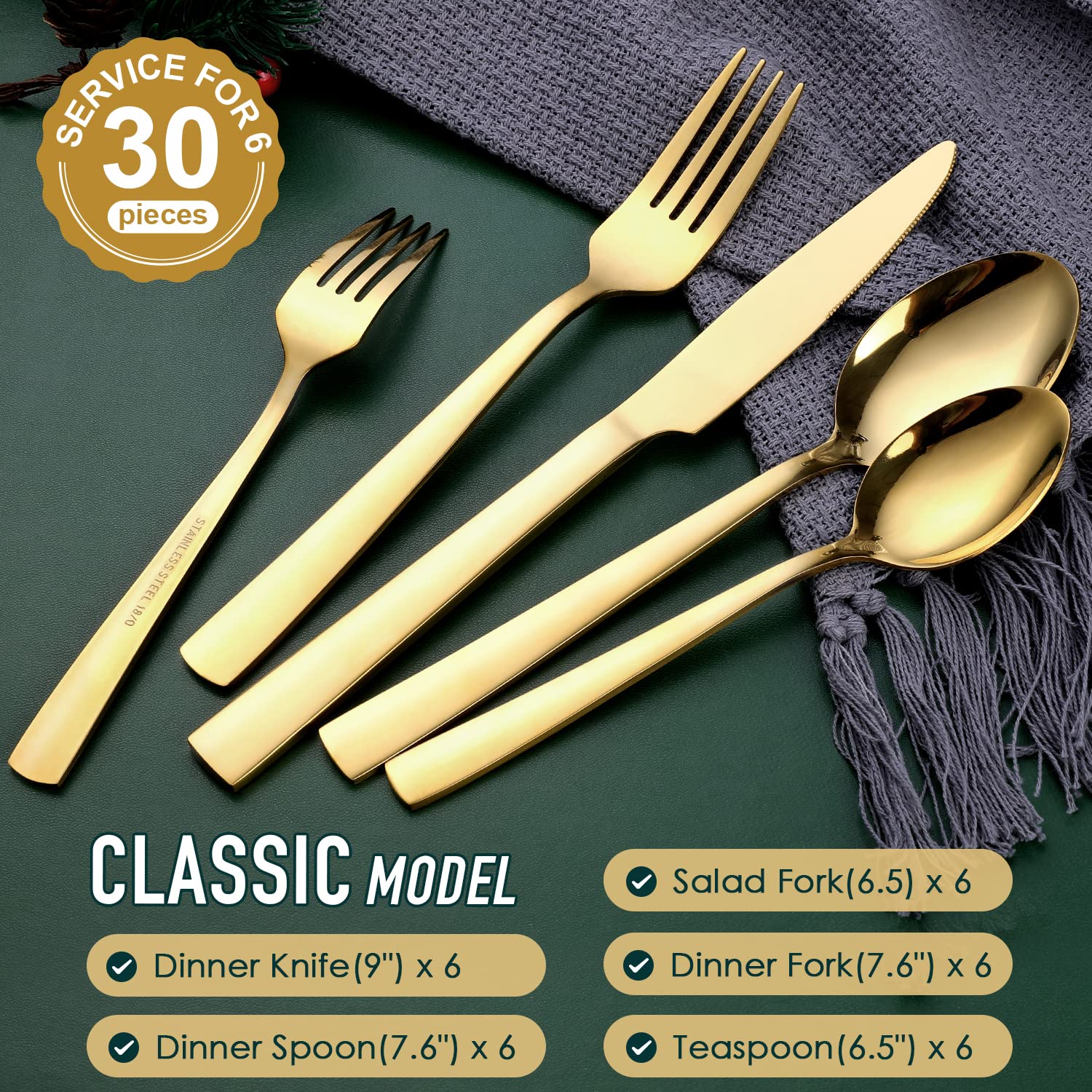 Gold Silverware Set  OGORI 30-Pieces Gold Forged Stainless Steel Flatware Set Square handle  Service of 6