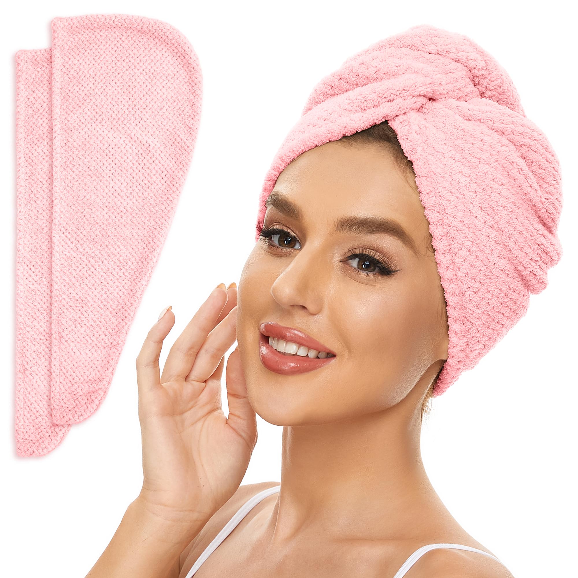 Microfiber Hair Towel for All Hair Style, 2 Pack Quick Drying Hair Turban - Perfect for Women, Men and Kids (Pink)