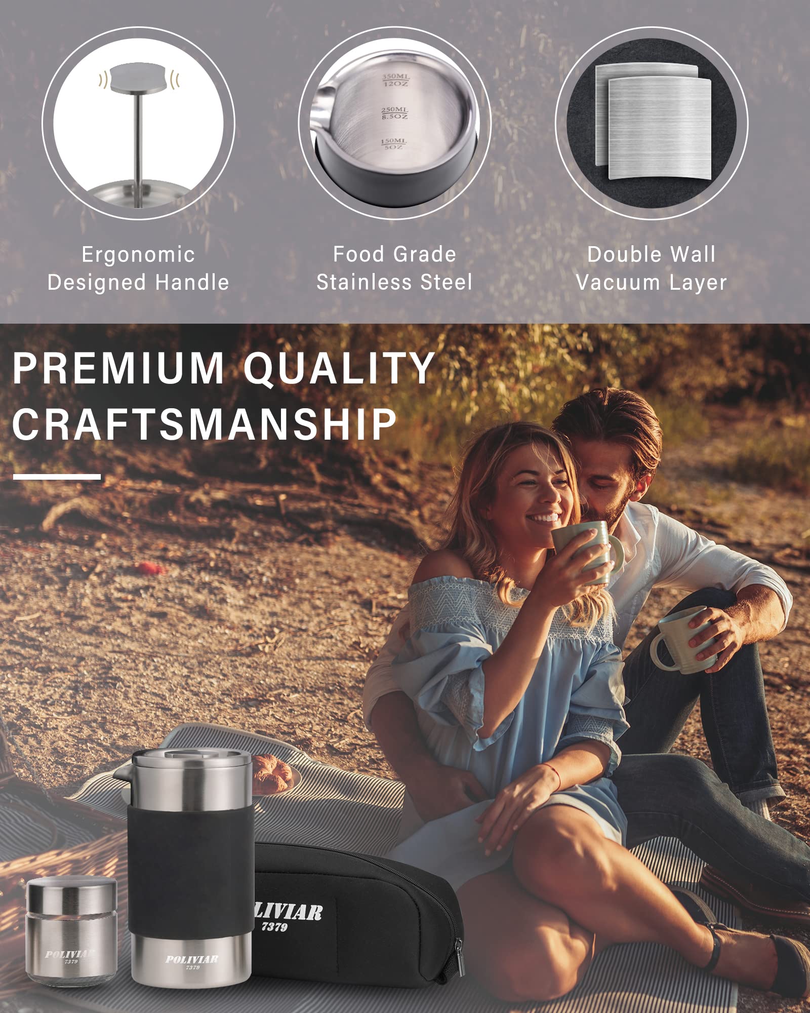 POLIVIAR French Press Coffee Maker, 12 oz, Stainless Steel, Silver, Double Wall Insulation, Dual-Filter Screen, Portable with Mini Canister