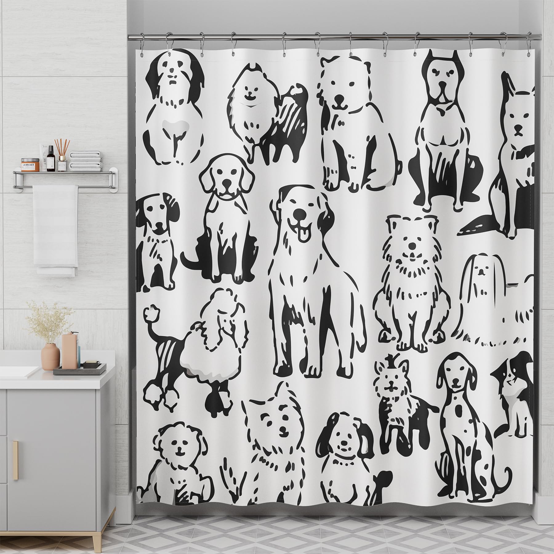 Amazerbath Shower Curtain, Washable Cloth Cute Dogs Kids White And Black Shower Curtain Set With 12 Shower Curtain Hooks, Kawaii