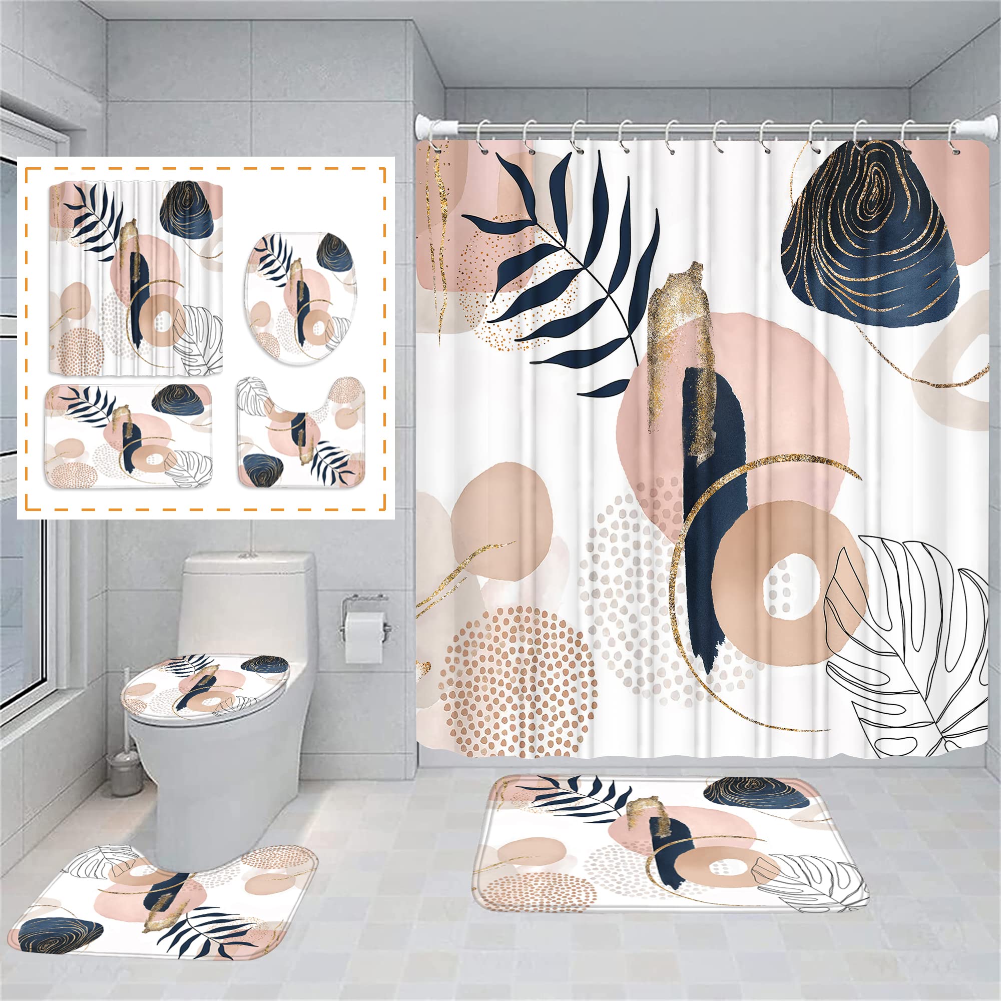 FZDHHY Abstract Mid Century Shower Curtain Set Floral Plant Neutral Bathroom Curtain Set Minimalist Art Bathroom Decor Waterproof Bathtub Curtain with Bathroom Carpet Bath Mat Toilet Rugs