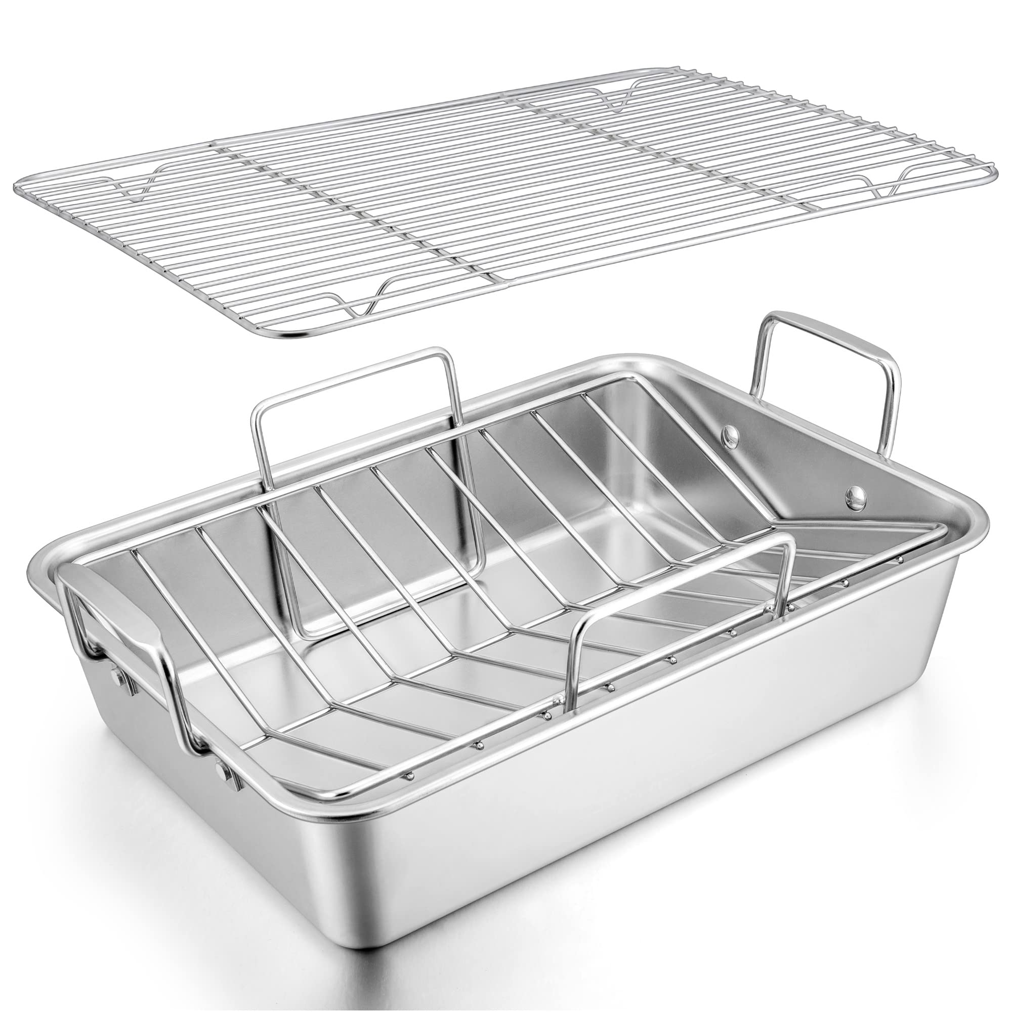 Lianyu 14 Inch Roasting Pan With Rack, Stainless Steel Turkey Roaster Pan With V-Shaped Rack And Baking Rack, Heavy Duty Roaster