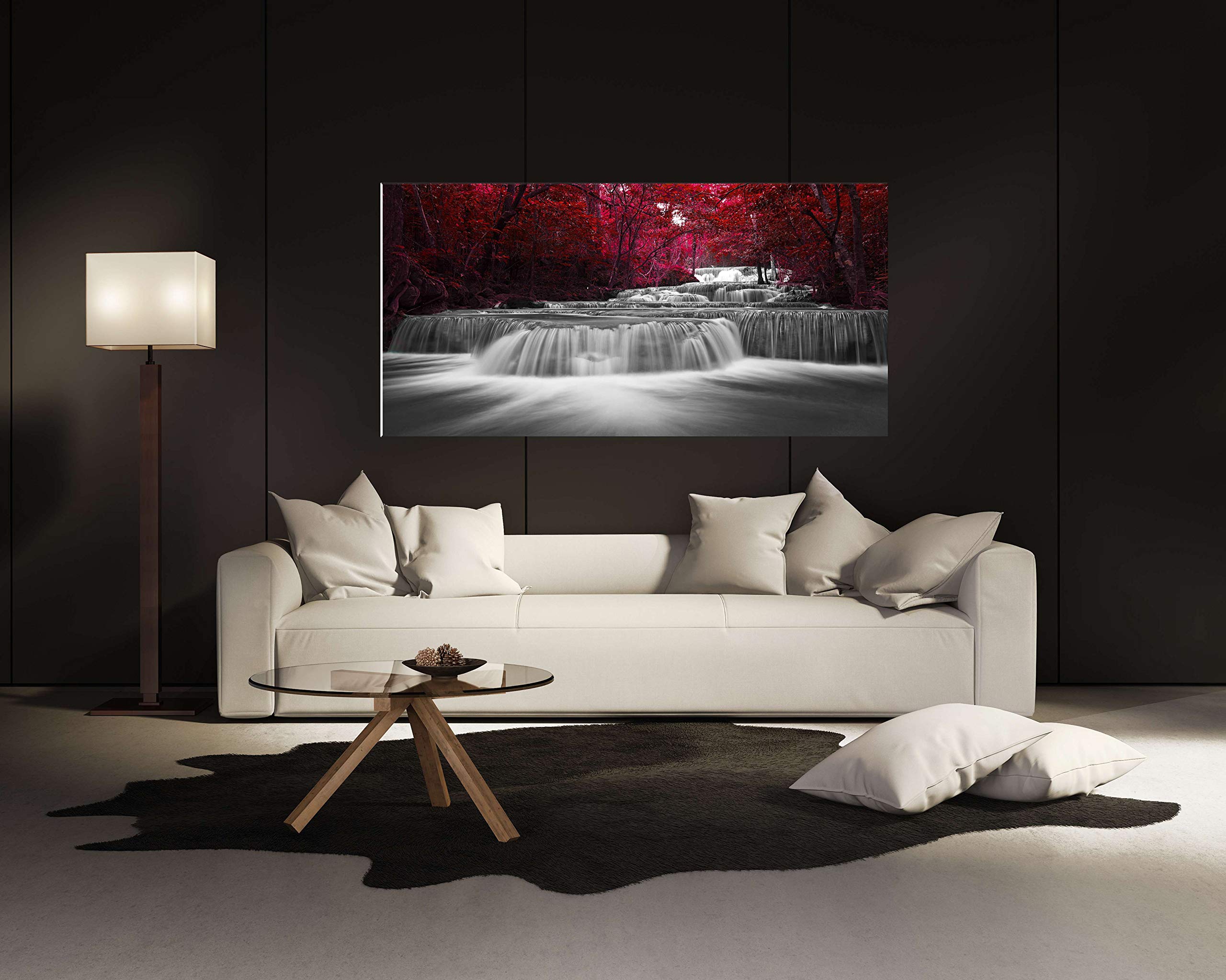 Home Wall Art D  Cor Of Wide Waterfall And Red Leaves,Maple Leaves Canvas Prints Pictures Painting Artwork,Beautiful Black White