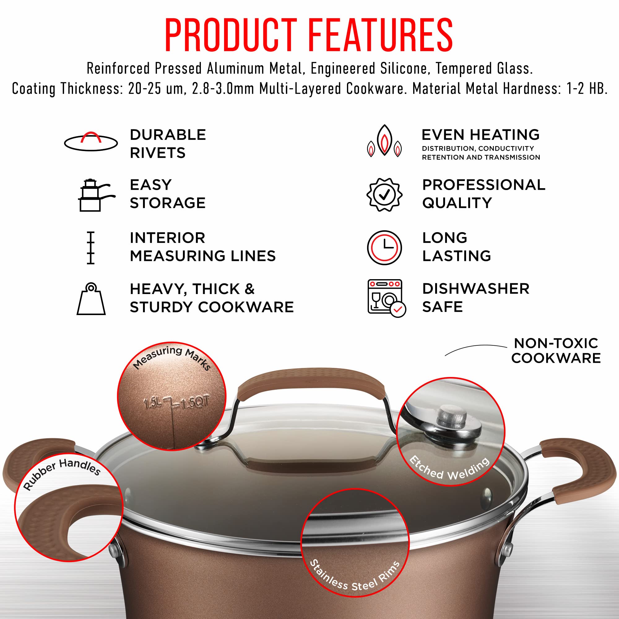 Cookware Set - 23 Piece -Gold Multi-Sized Cooking Pots with Lids, Skillet Fry Pans and Bakeware - Reinforced Pressed Aluminum Me