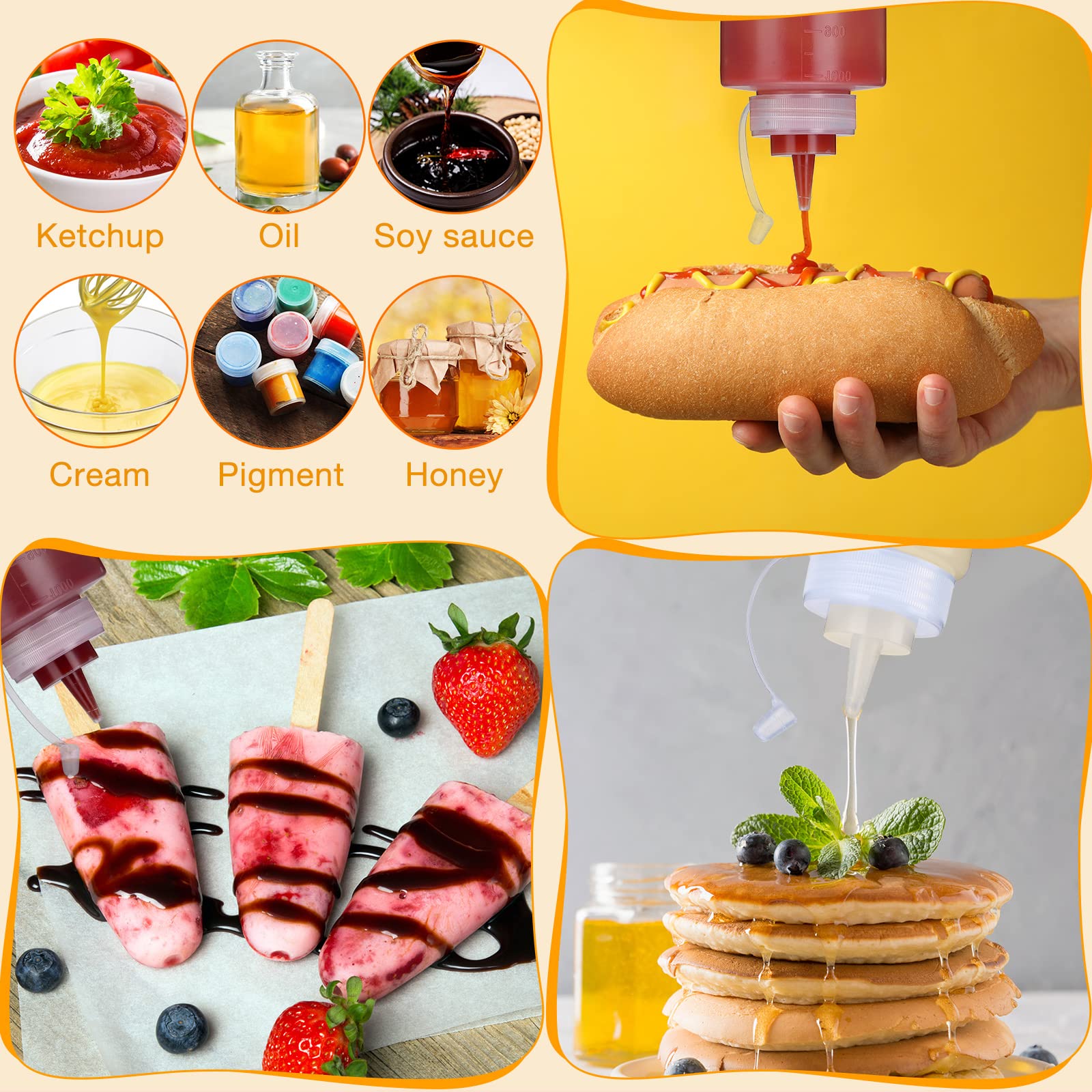 Hoolerry 16 Pieces 32 Oz Squeeze Bottle Plastic Condiment Squeeze Bottles With Twist On Cap Lids And And Discrete Measurement Sa