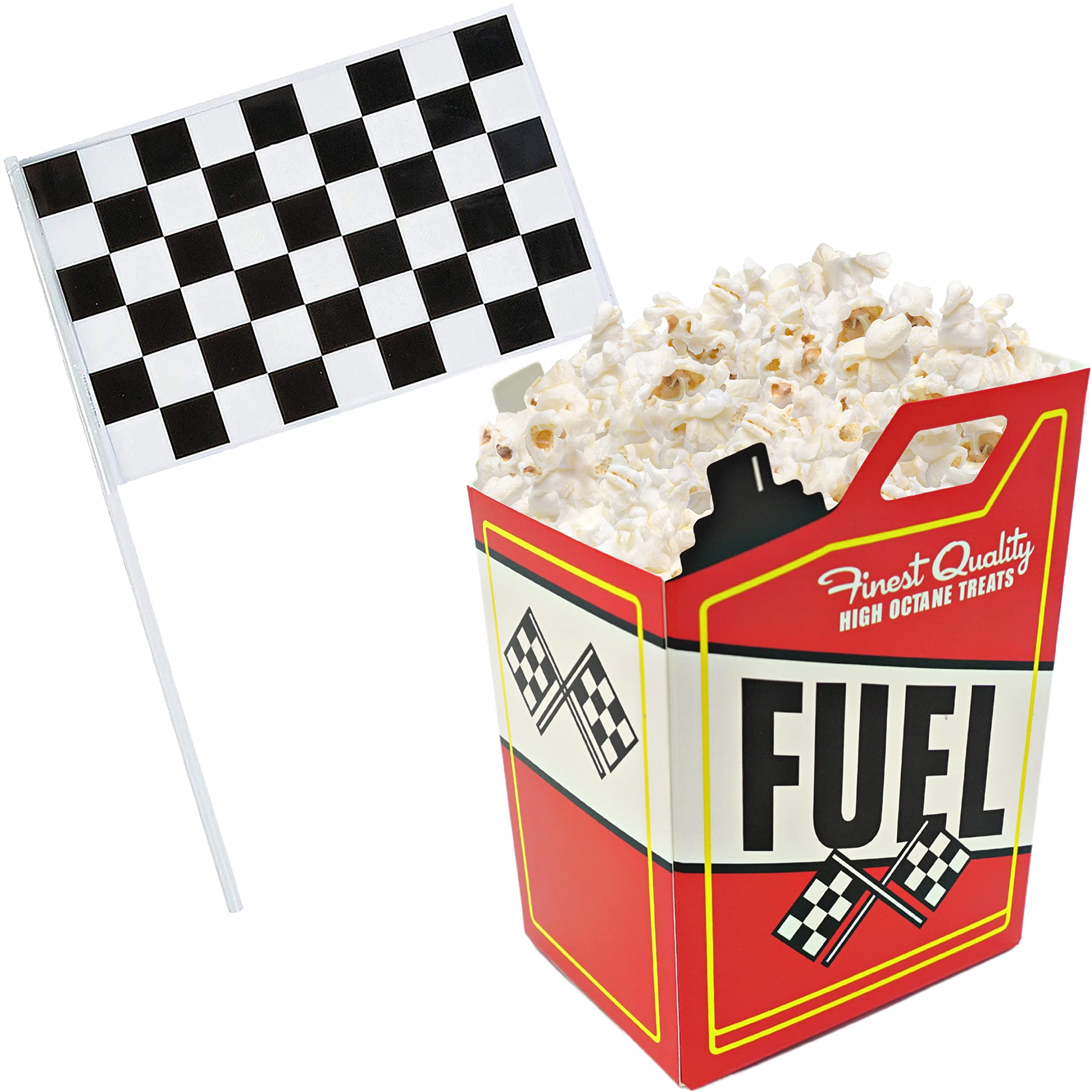 24 Race Car Popcorn Treat Boxes with 24 Checkered Flags, Black and White Racing Flag 6 x 4 (Serves 24) For Race Car Birthday Par