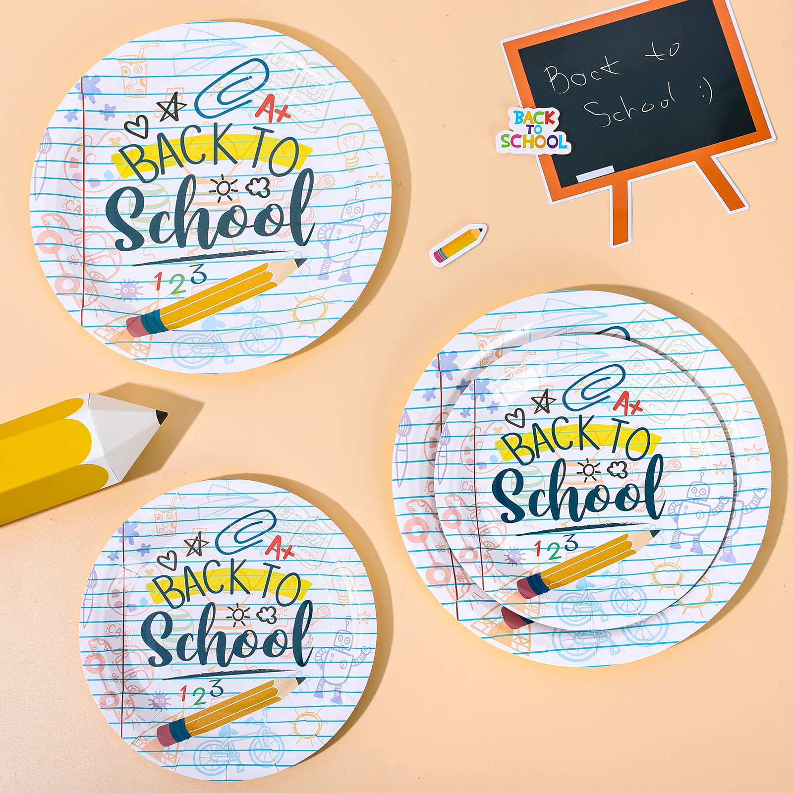 Whaline 50Pcs Back To School Paper Plates School Season Round Disposable Plates 9Inch & 7Inch Homework Pencil Prints Decorative