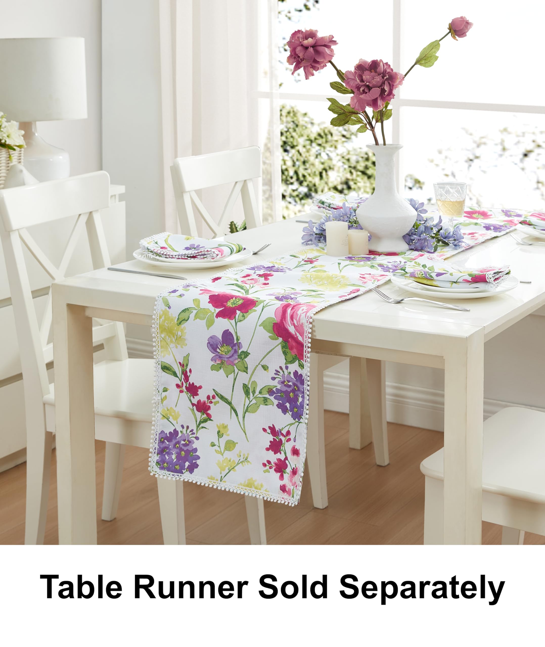 Newbridge Fabric Table Runner, 13 X 70 Inch Rectangle, Summer Sophia Pom Pom Fringe, Wrinkle And Stain Resistant Pink And Purple