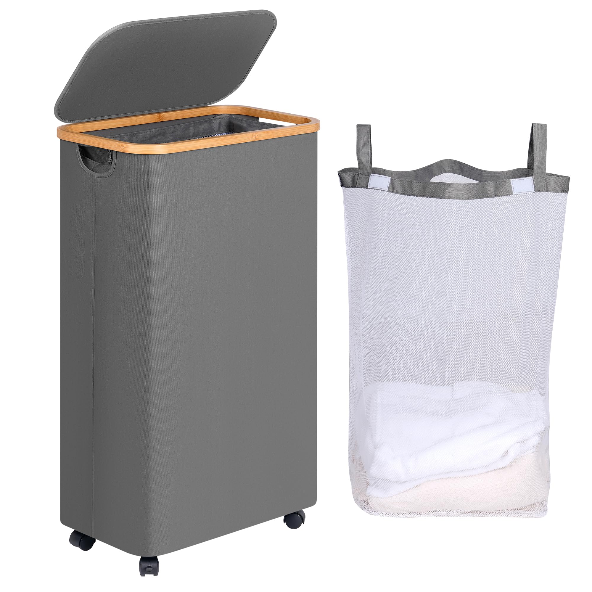 Efluky Slim Laundry Basket With Wheels, Rolling Laundry Basket With Lid And Removable Bag, Narrow Dirty Clothes Basket With Whee