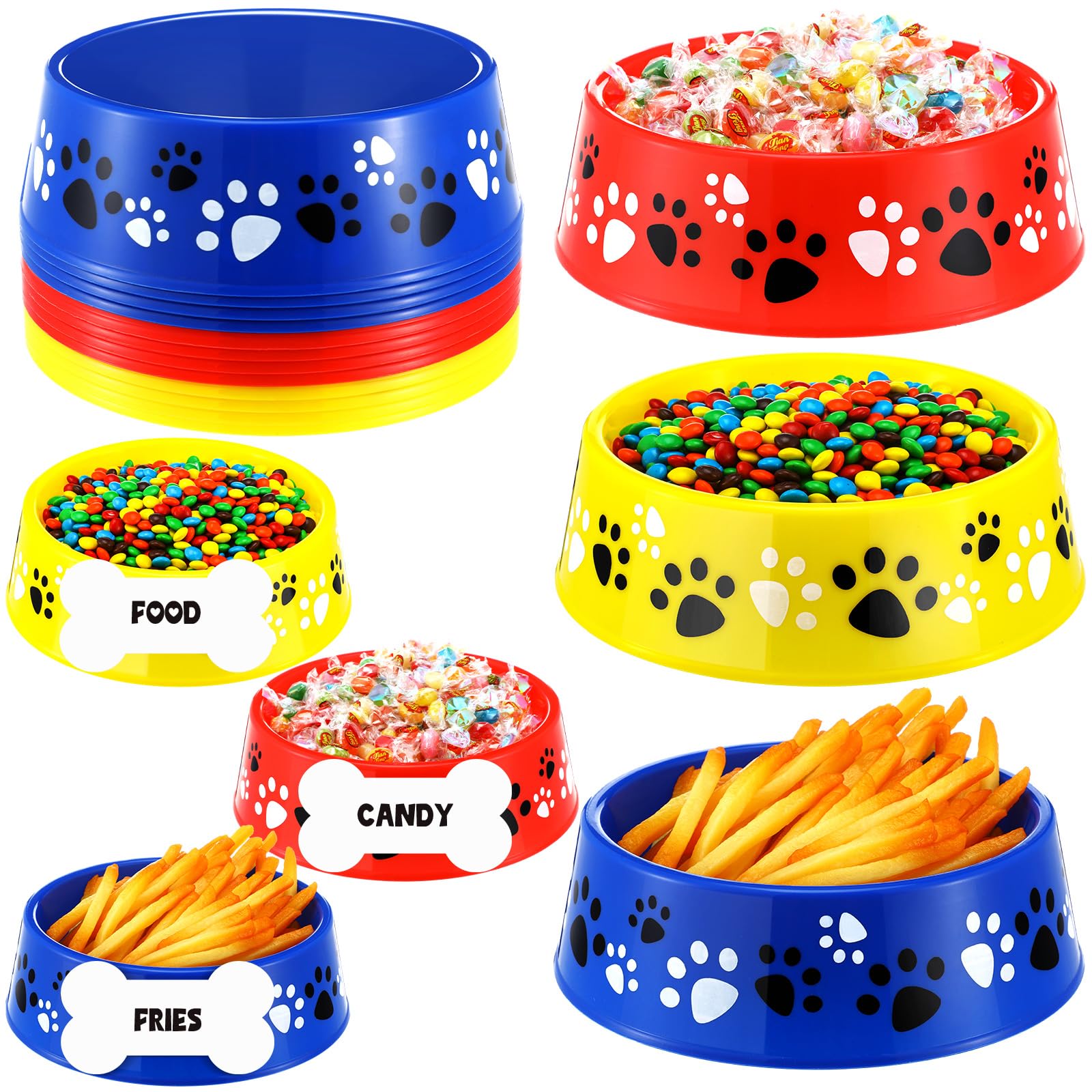CroBlissful 12 Set Dog Paw Plastic Bowls Blue Dog Birthday Party Supplies Colorful Food Trays with Bone Cards Food Plates Paw Ce