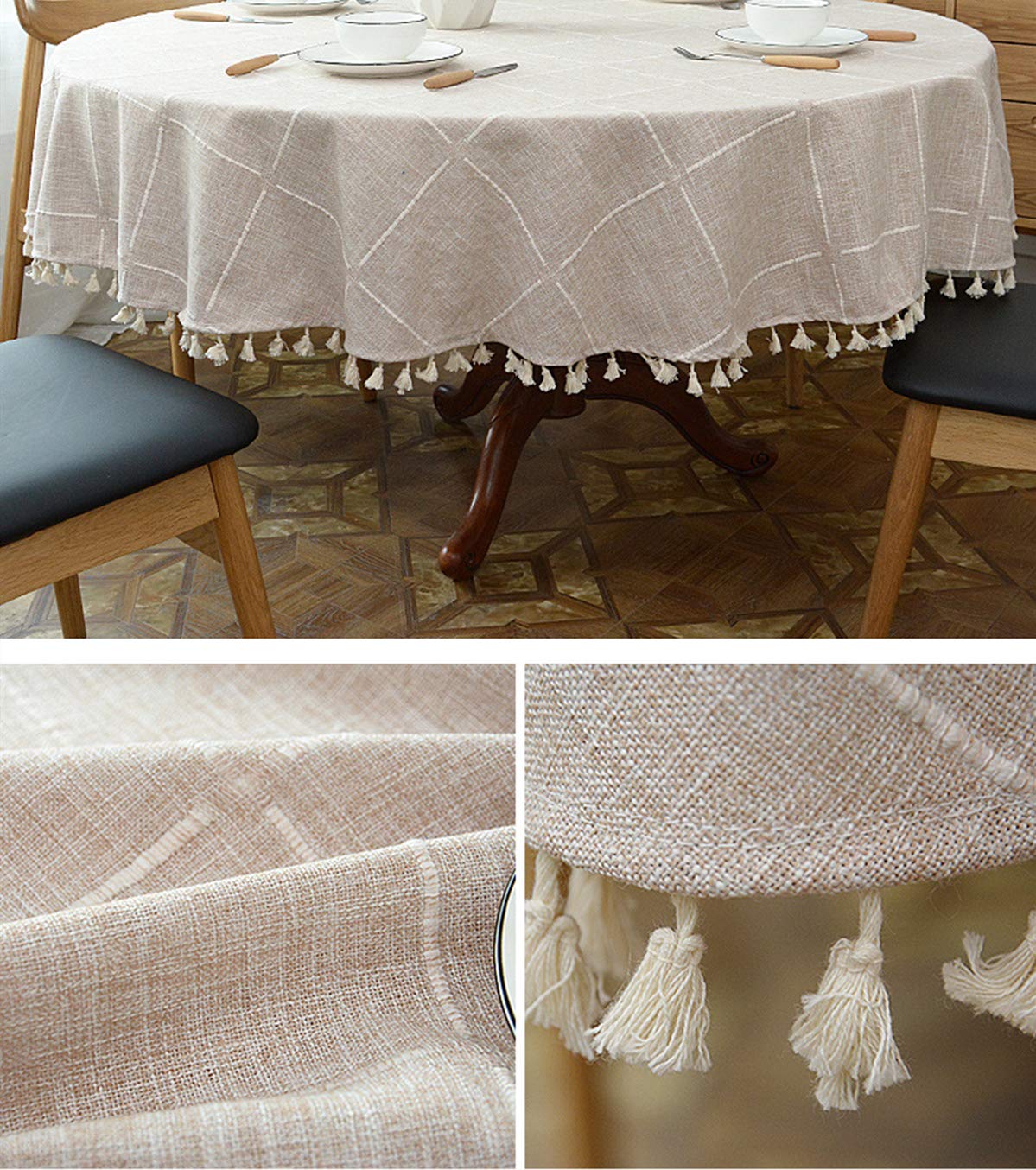 Heavy Weight Cotton Linen Tablecloth  Plaid Tassel Round Table Cover for Kitchen Dining Room Tabletop Decorations  Round - 78''  Beige