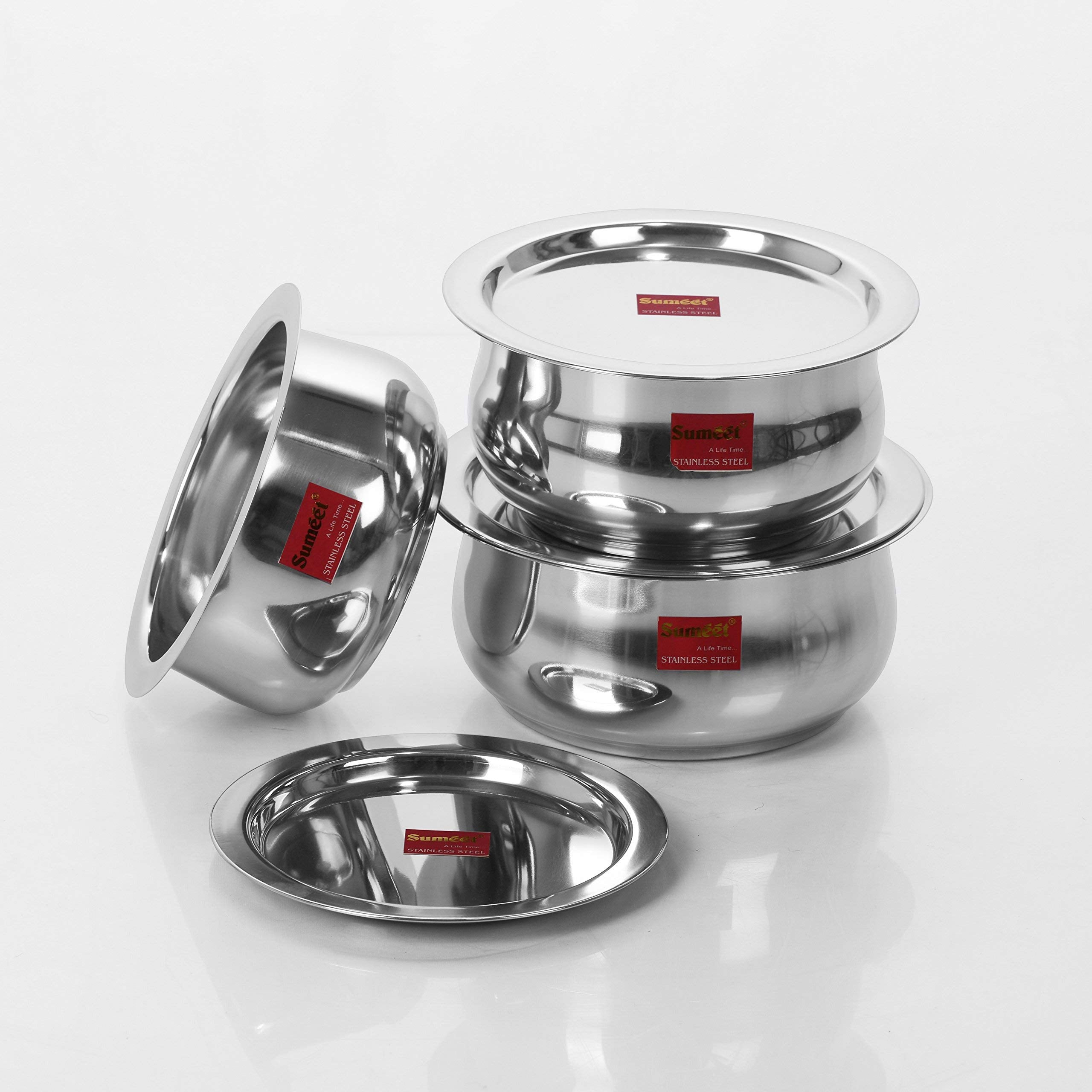 Sumeet 3 Pcs Stainless Steel Induction & Gas Stove Friendly Belly Shape Container Set/Tope/Cookware Set With Lids Size No.12 to