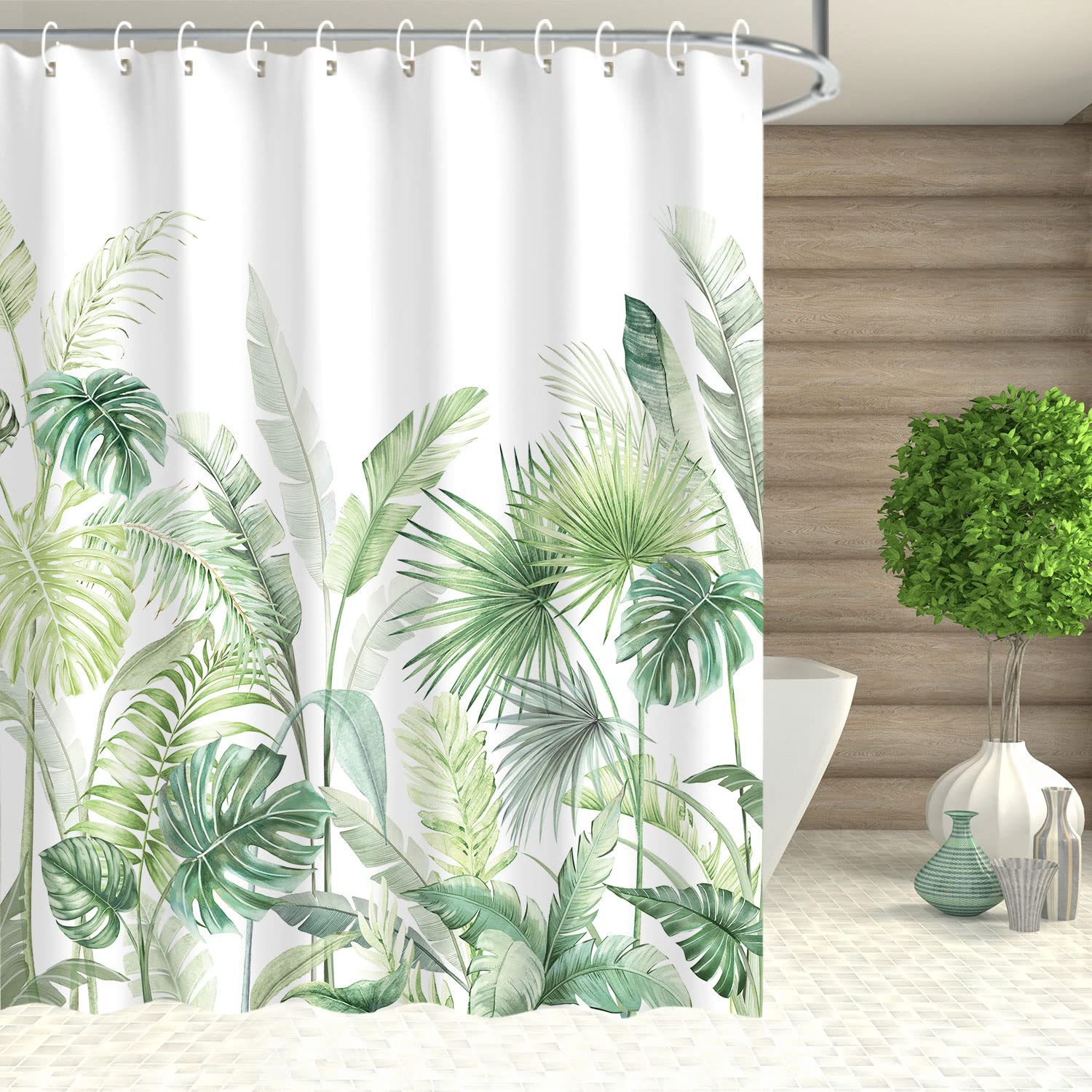 Rosielily Tropical Shower Curtain, Green Shower Curtain, Plant Shower Curtain, Leaf Shower Curtain, Botanical Shower Curtain Set