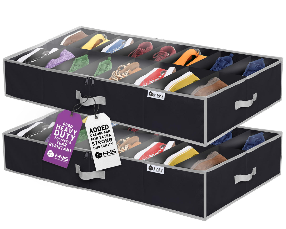 Under Bed Shoe Storage Organizer - Set of 2 - TEAR-RESISTANT Heavy Duty 600D Material - Fits All Styles Mens and Women's Shoes,