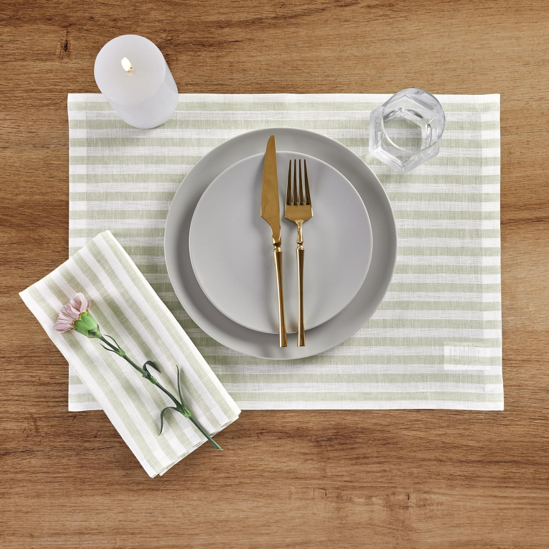 Solino Home Stripe Linen Placemats 19'' L X 14'' W Inch - 100% Pure Linen Sage And White Cloth Placemats Set Of 4 - Amalfi Strip
