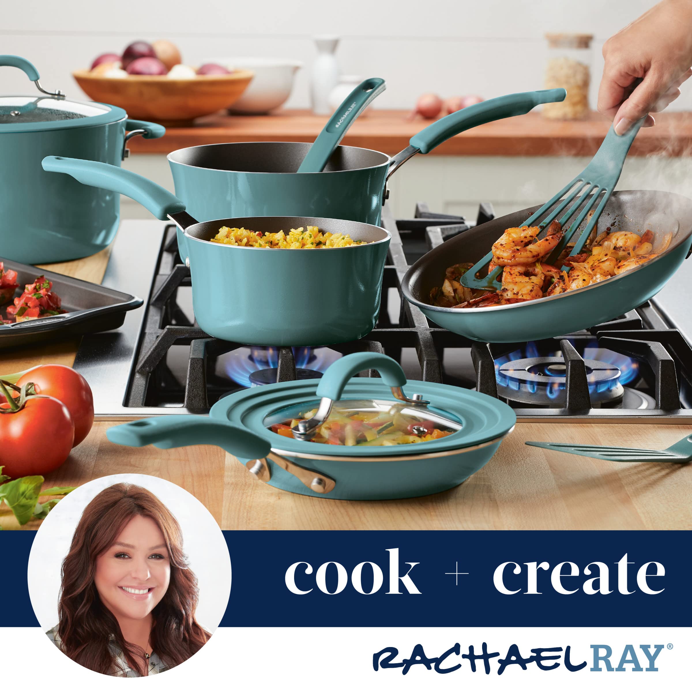 Rachael Ray Cook + Create Nonstick Stir Fry Pan/Wok, 10.5 Inch, Agave Blue