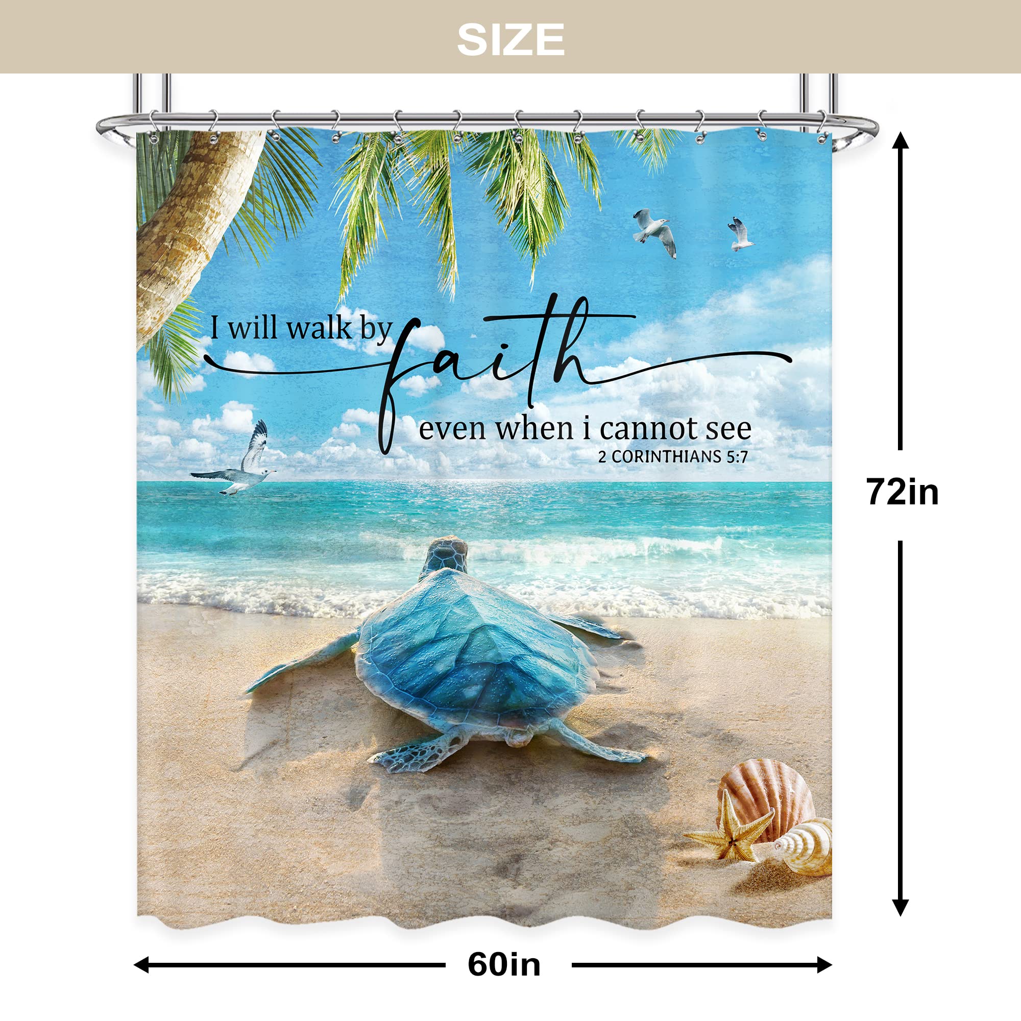 Newsely Beach Turtle Bible Verse Shower Curtain 60Wx72H Inch Rustic Blue Ocean Sea Turtle Animal Summer Coastal Scenery Bathroom