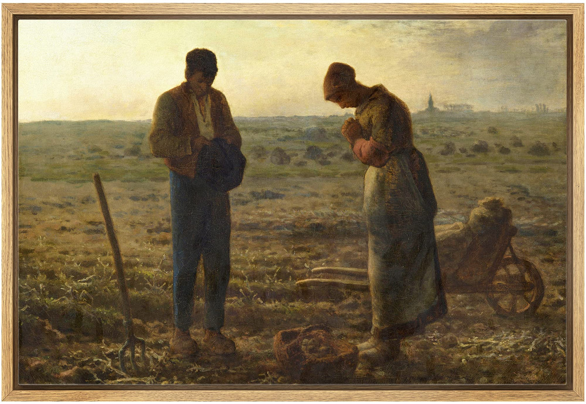 Wall26 - The Angelus By Jean-Francois Millet - Framed Canvas Print Wall Art Famous Painting Reproduction - 24''X36'' Natural