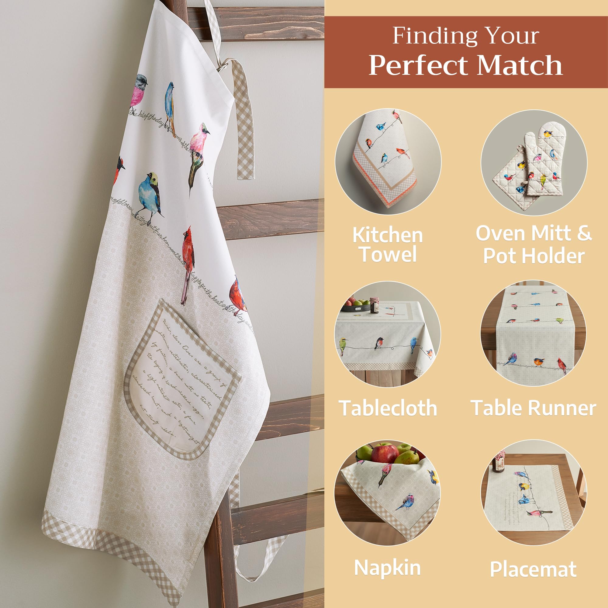 Maison d ' Hermine Birdies on Wire 1 Piece 100% Cotton Apron with an Adjustable Neck & Two Side Pockets with Long Ties for Women/Men Chef (27.50 ''x31.50 '')