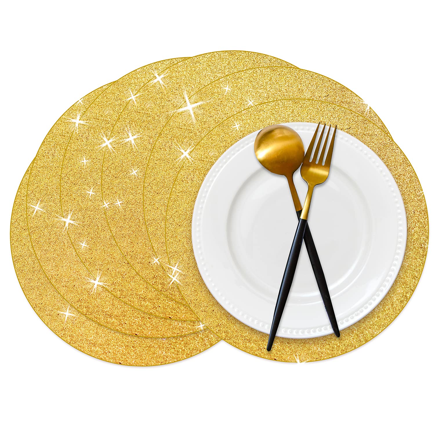 50 Pieces Gold Glitter Paper Place Mats Sparkle 14'' Round Disposable Table Mats Golden Sequin Doilies Decorative Placemats For