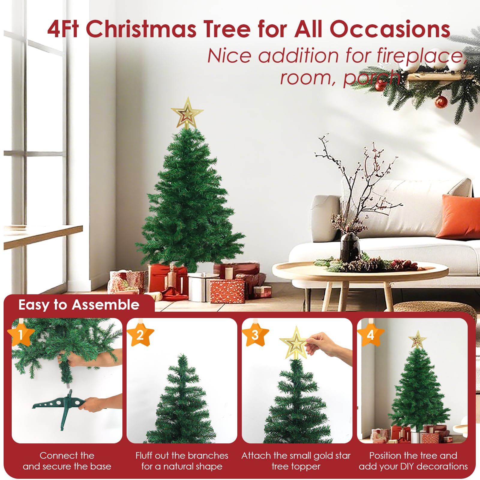4FT Small Christmas Tree Christmas Decorations, 250 Branch Mini Chrismas Tree with Foldable Stand, Artificial Xmas Tree Christma