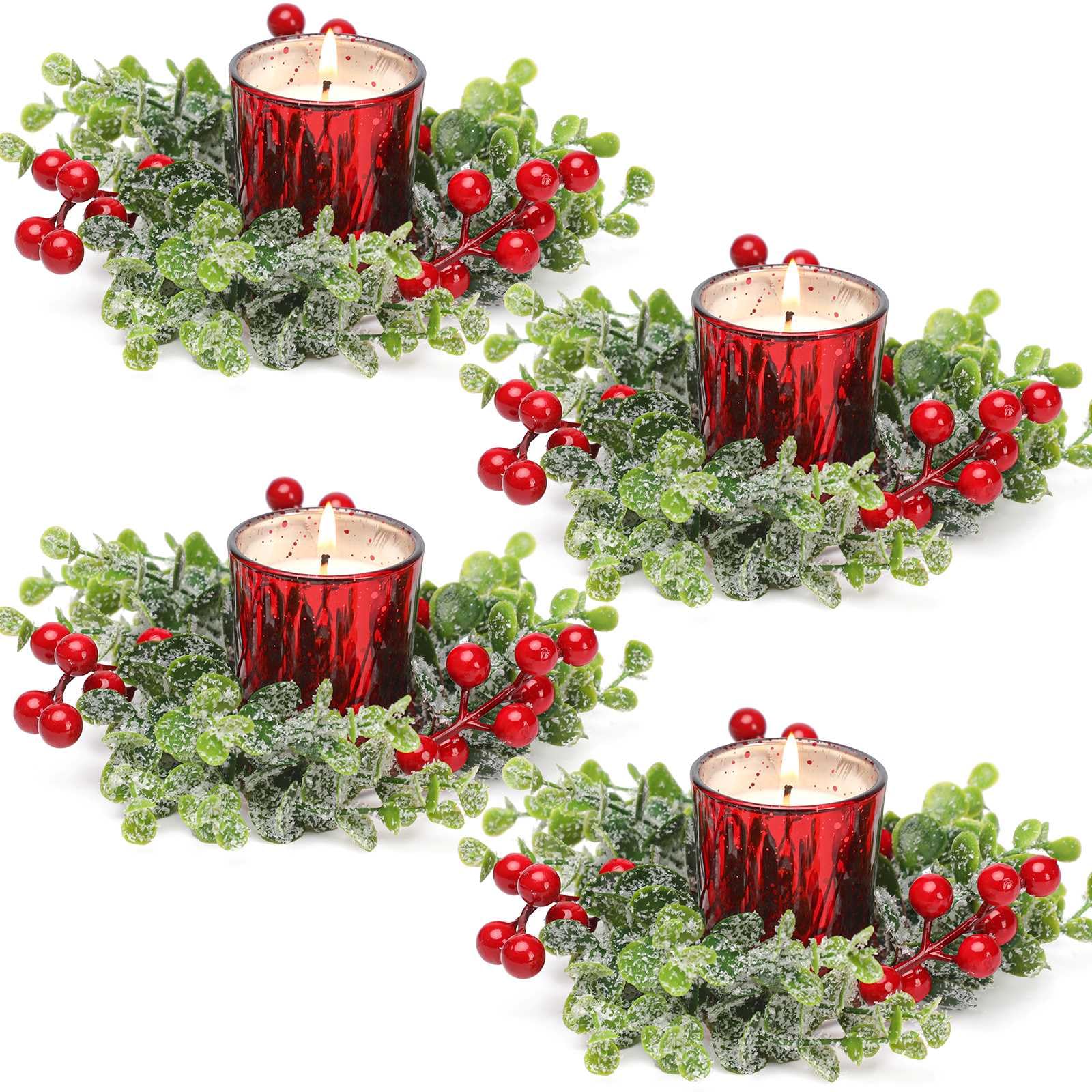Christmas Candle Rings, 4 Pcs Red Berry Xmas Candle Rings Wreaths with Red Candle Holders, Christmas Centerpieces for Table, Chr