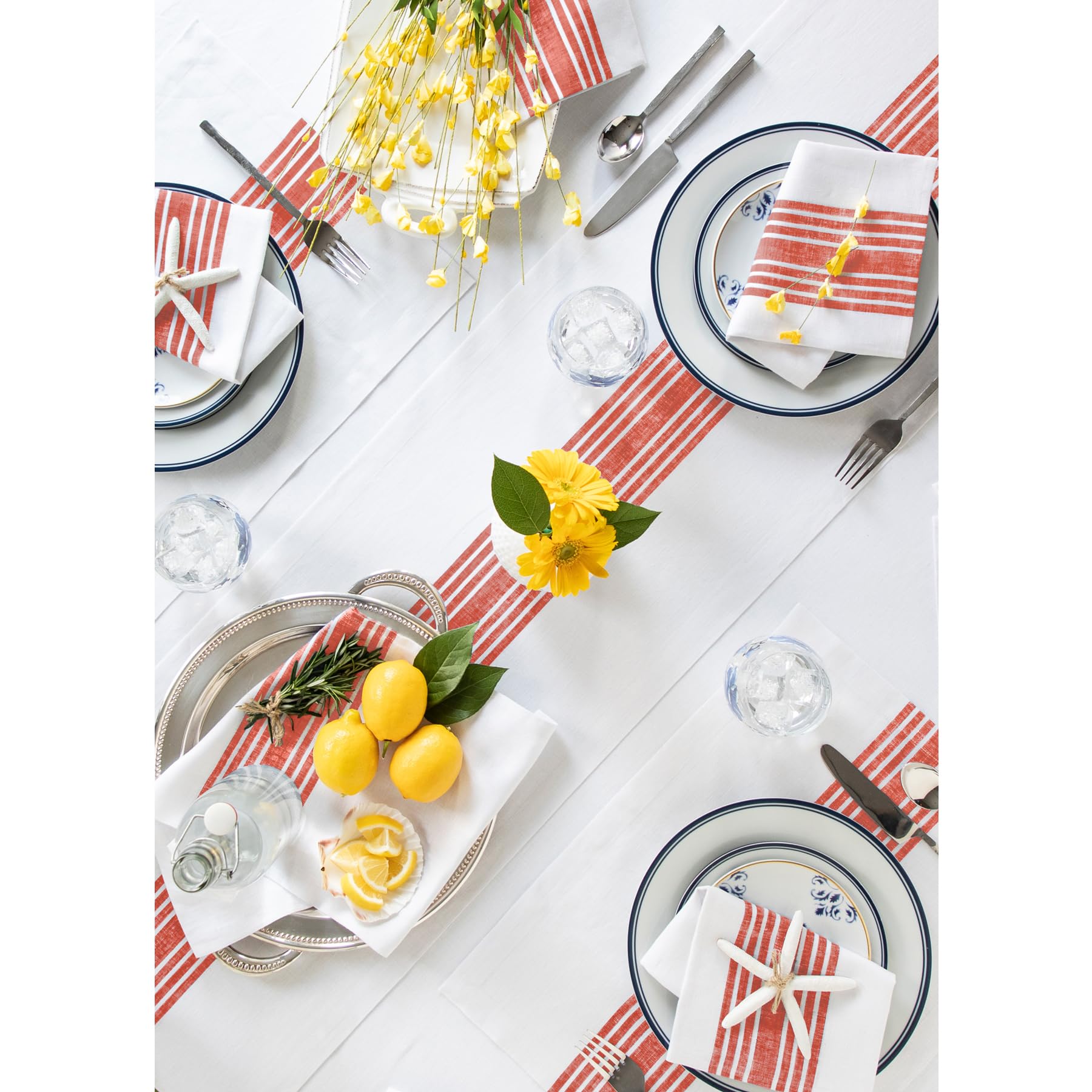 Solino Home Farmhouse Linen Red And White Table Runner 120 Inches Long - 100% Pure Linen Stripe Dining Table Runner 14 X 120 Inc