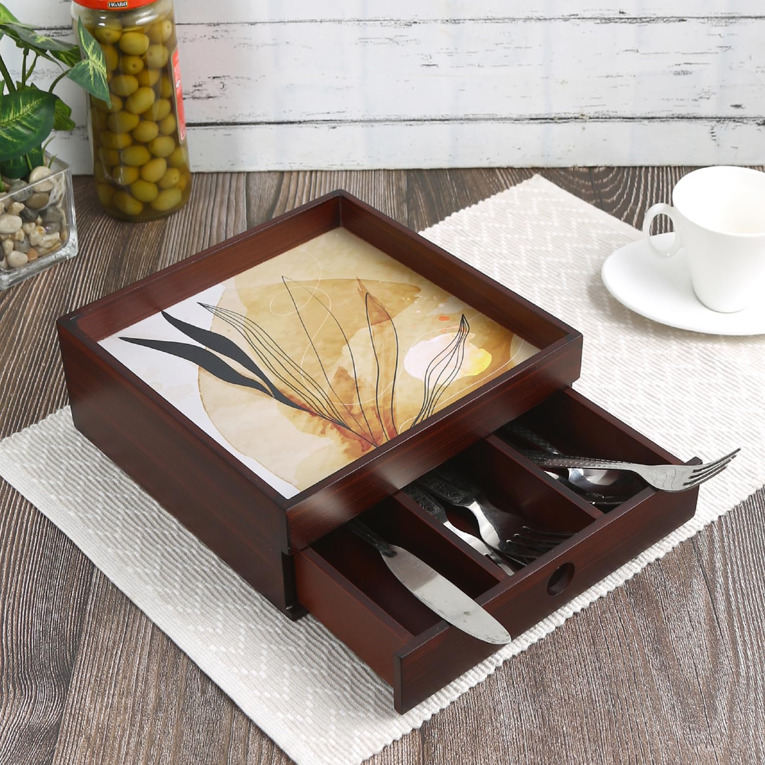 Reinvention Factory TwoTier Wooden Organiser With Sliding Drawer  Desk Caddy/Cutlery Box/Jewellery & Vanity Storage | Autumn P