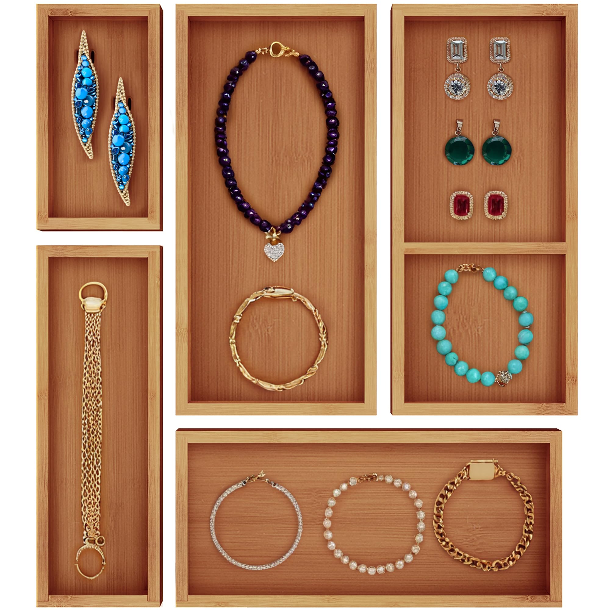 Royal Craft Wood Luxury Bamboo Jewelry Storage Chest - Multi-Use Wooden Treasure Chest Set (5 Boxes) For Jewelry And Home Organi