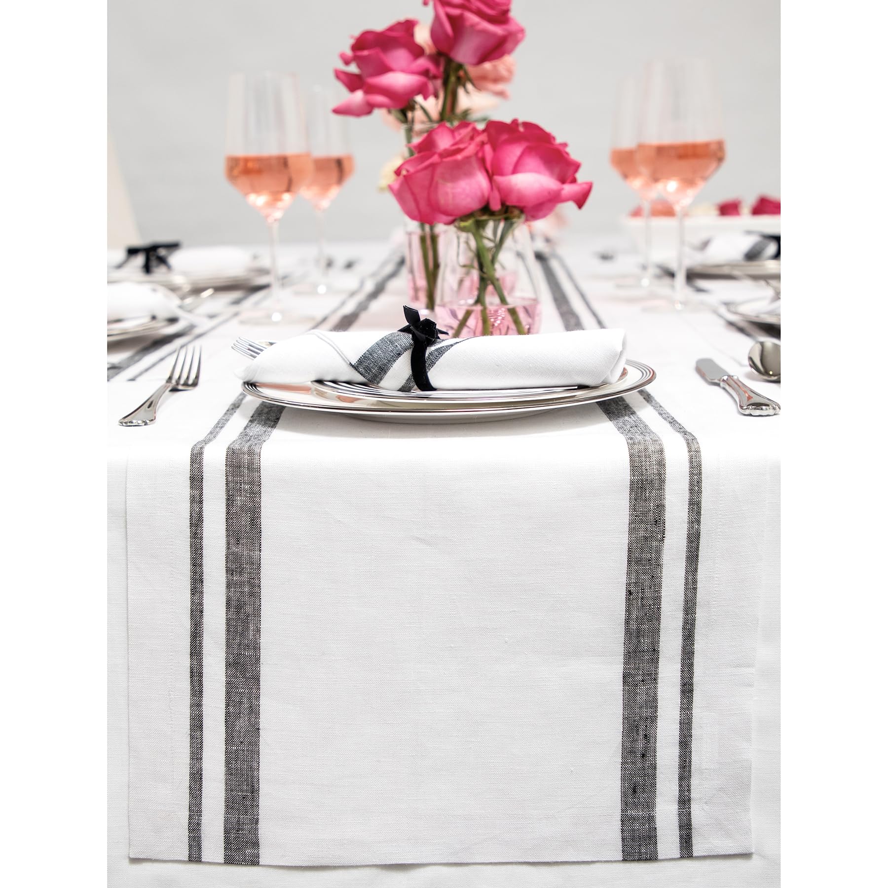 Solino Home Stripe Linen Table Runner 72 Inches Long - 100% Pure Linen Black And White Table Runner 14 X 72 Inch - French Stripe