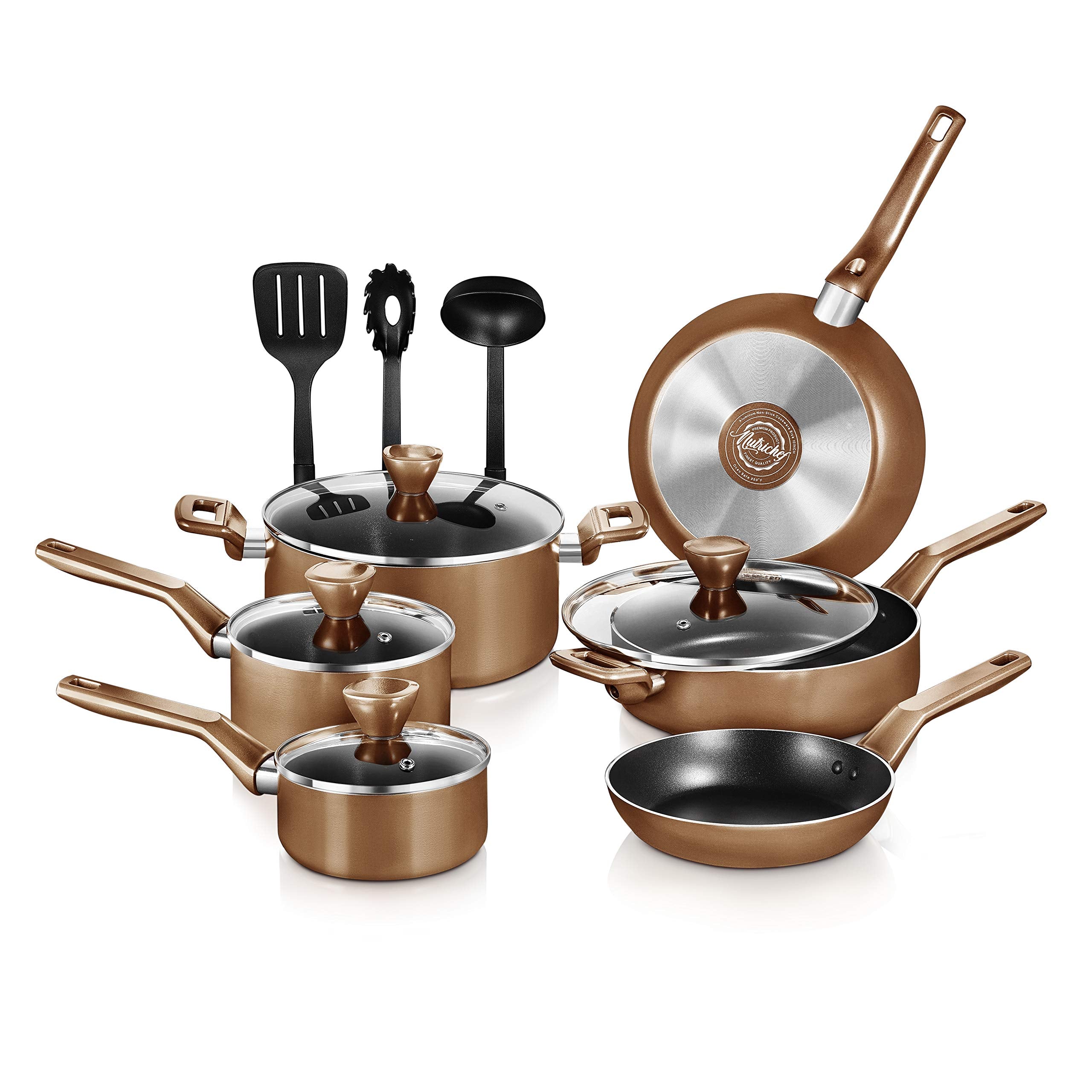NutriChefKitchen Kitchenware Pots & Pans - Stylish Kitchen Cookware Set, Non-Stick (13-Piece Set), Brown, One Size, (NCCWA13BR.5