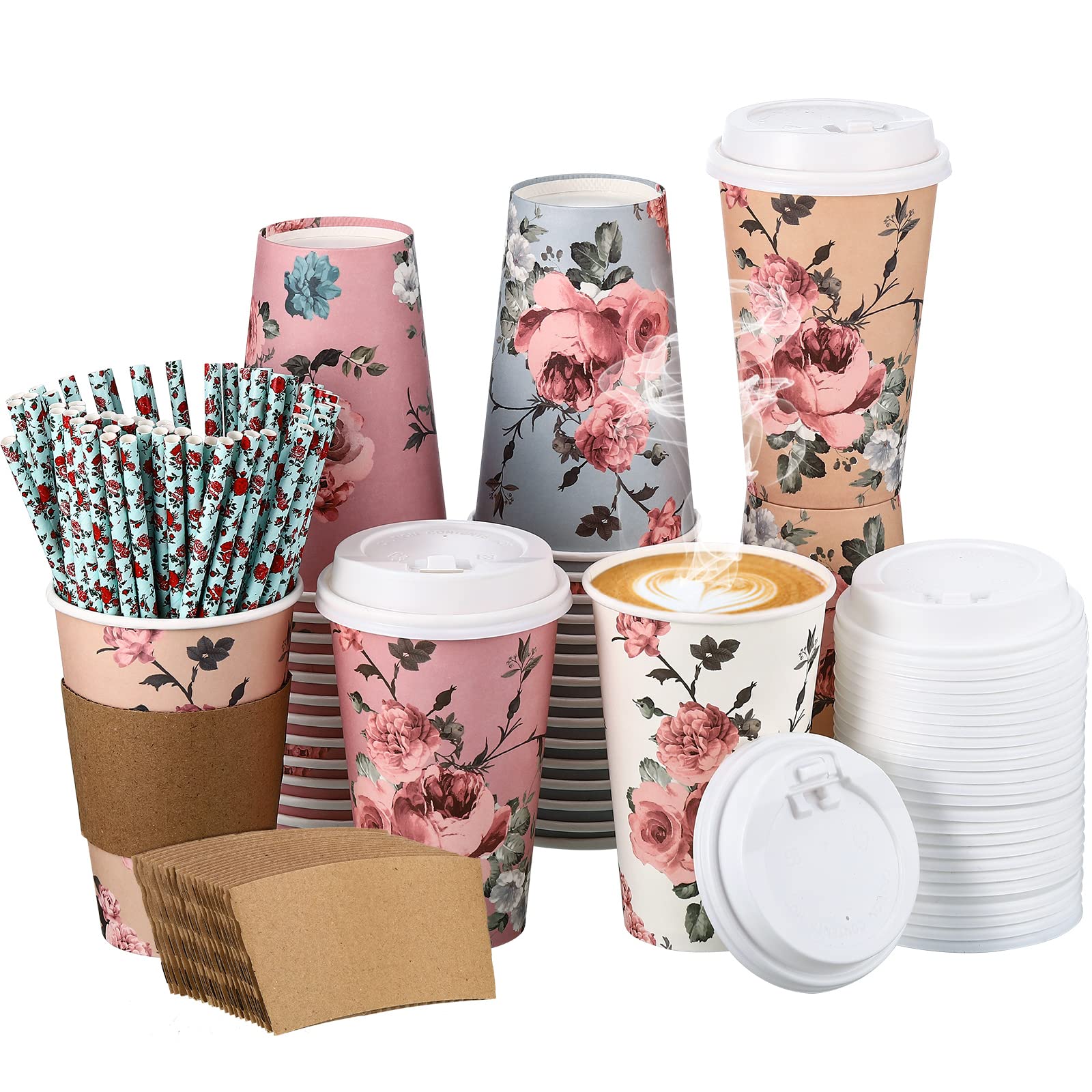 Gerrii 240 Pcs Floral Paper Cups Disposable Coffee Cups Vintage with Lids Sleeves Straws Bulk Hot Drinking Paper Cup for Tea Par