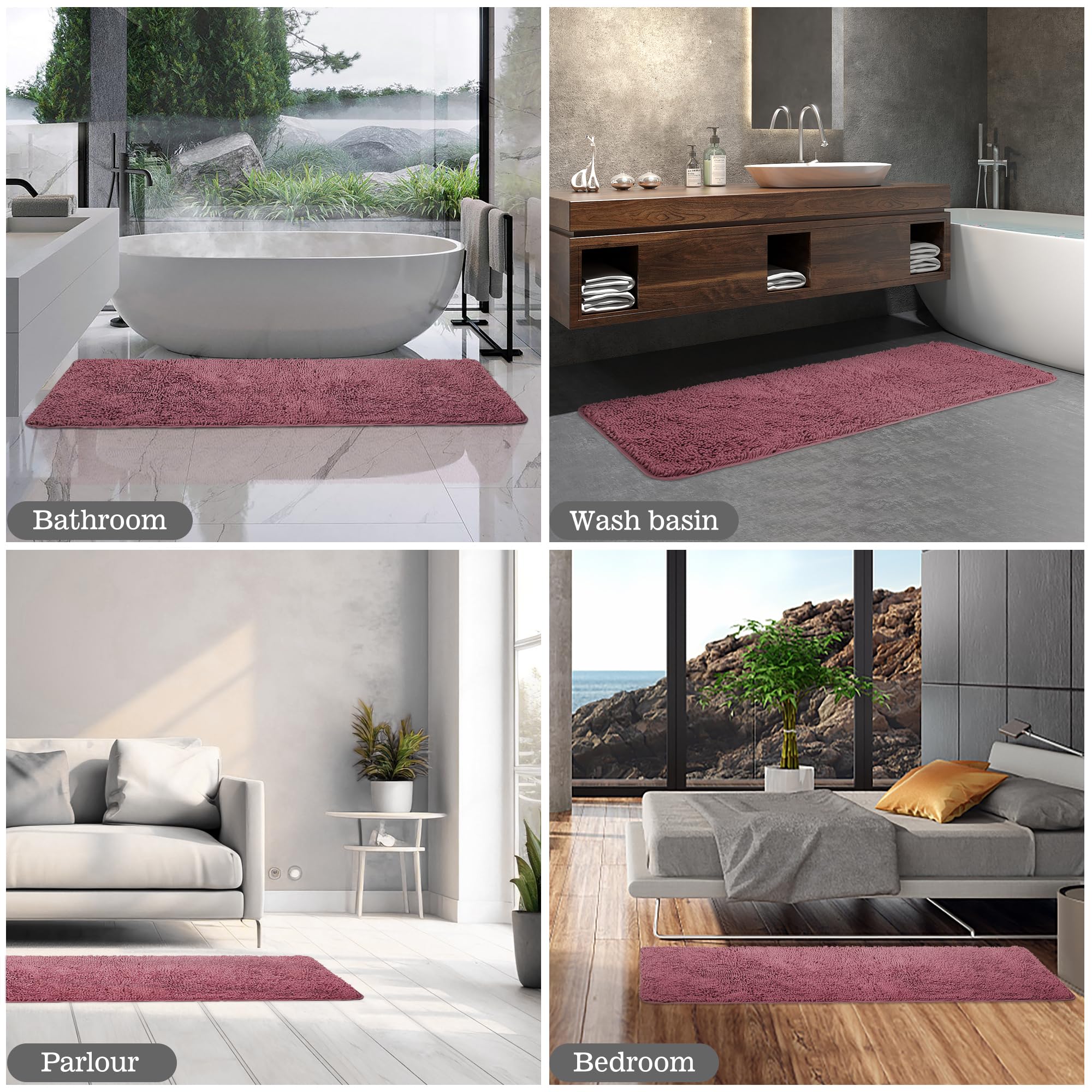 Yeaban Dusty Rose 47 X 17 Bathroom Rug - Thick Chenille Bath Mats | Absorbent And Washable Bath Rug Non-Slip, Plush Rugs For Bat