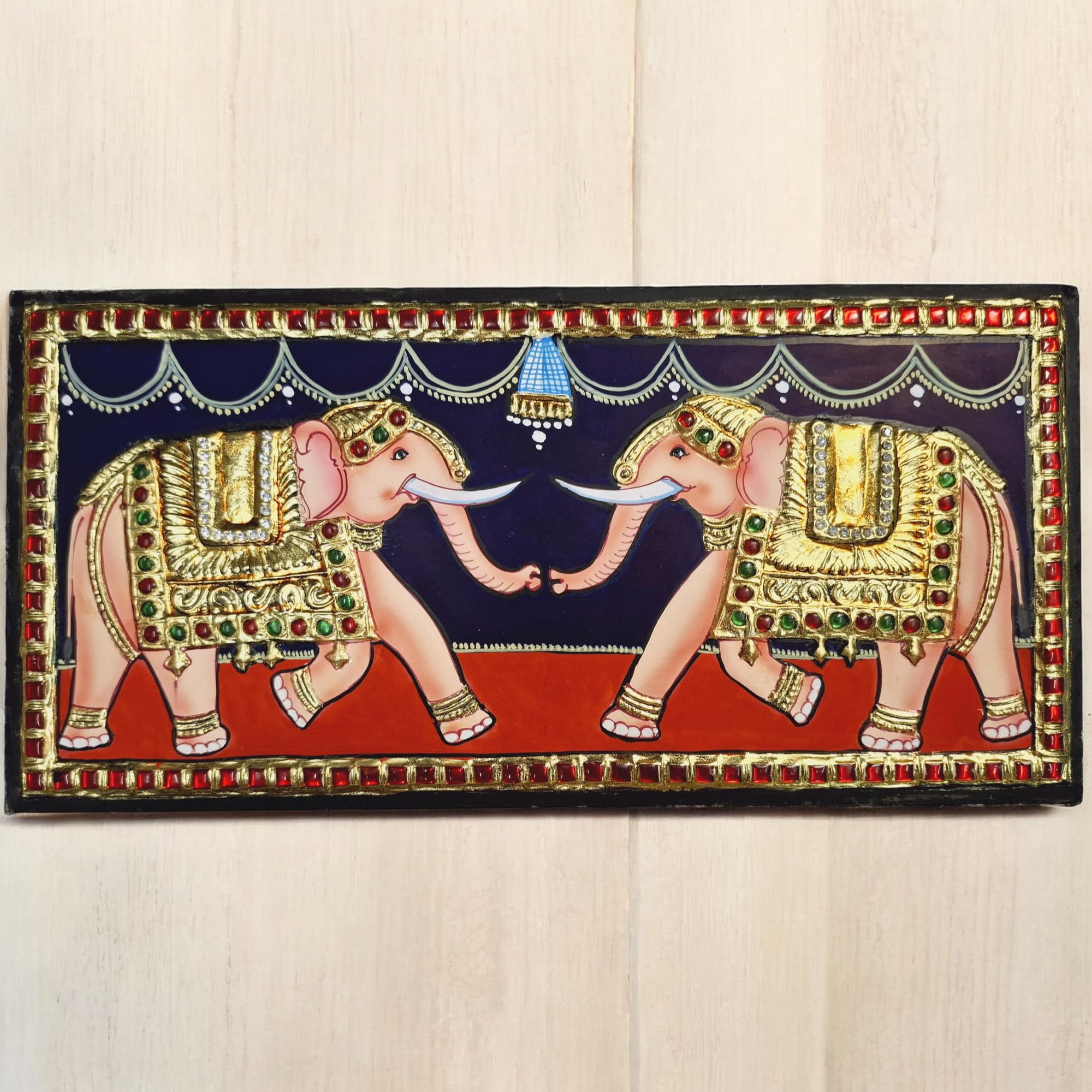 Jline Arts Elephant Tanjore Painting, 22 Carat Gold Foils With Wall Hanging (35 Cm X 19 Cm) With Teakwood Frame