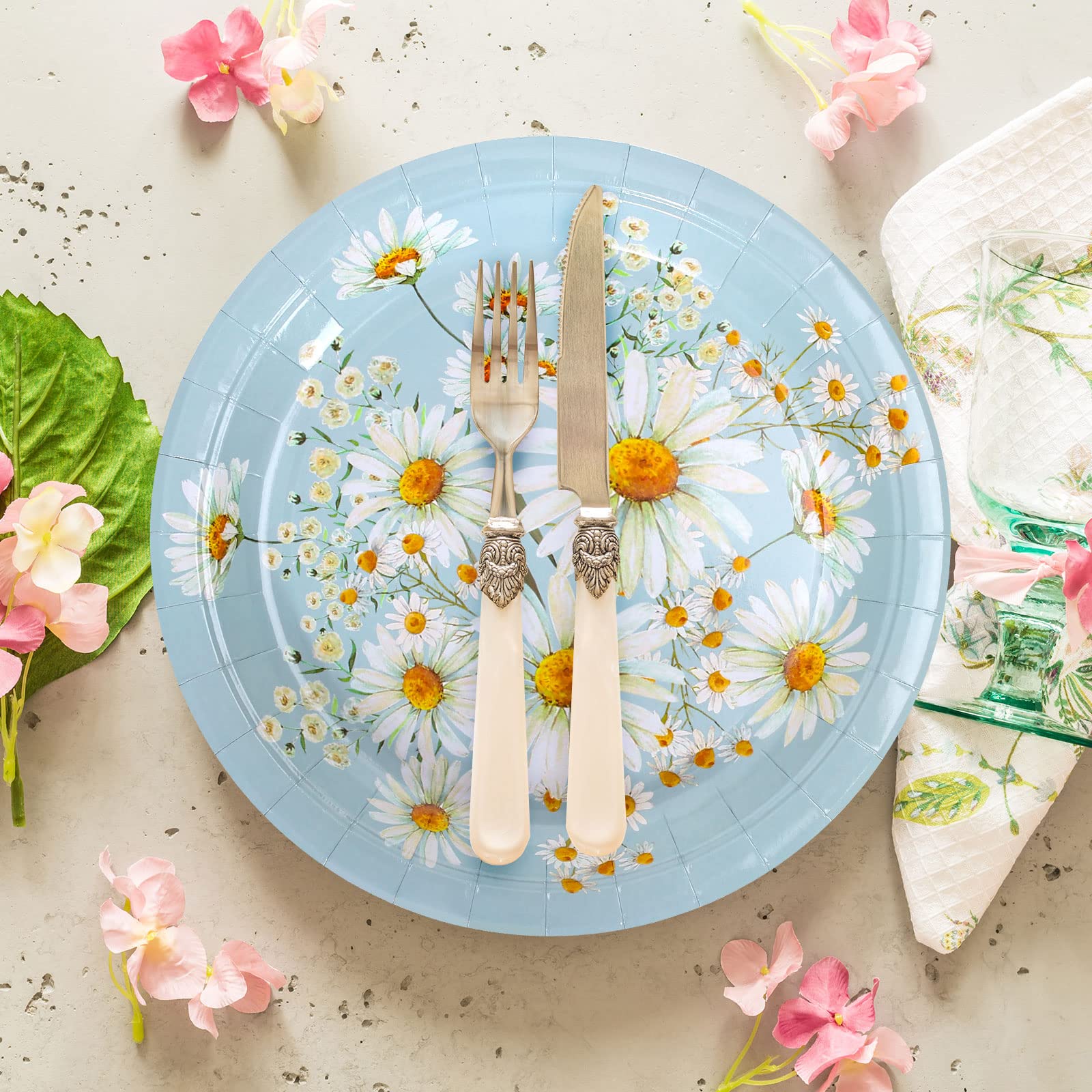 Whaline 40Pcs Daisy Flower Paper Plates 9 Inch Spring Summer Blue White Flower Disposable Party Plates Farmhouse Floral Tablewar