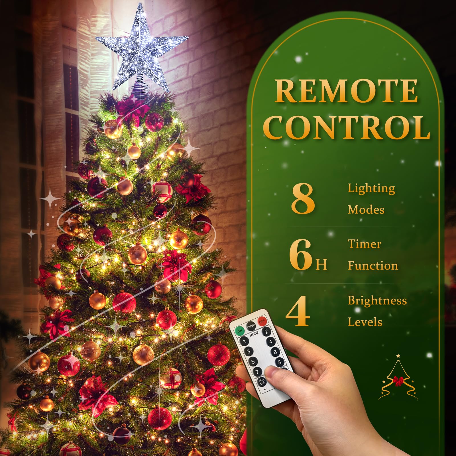 Silver Christmas Tree Star Topper with Lights, 8.5-Inch Light-Up Christmas Tree Topper with Remote Control, 4 Brightness Levels