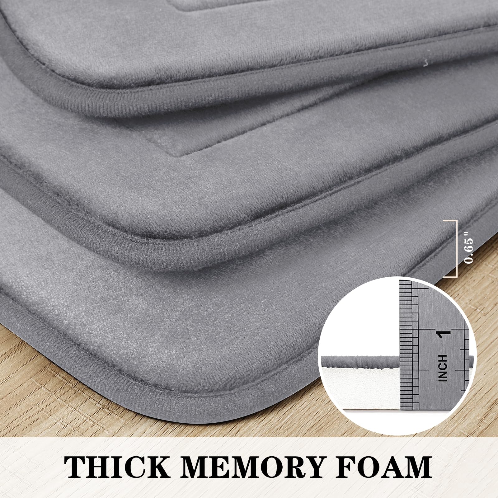 Bysure Grey Memory Foam Bath Mat, Non Slip Extra Soft Absorbent Machine Washable, Bathroom Rugs Sets 3 Piece For Toilet Shower S