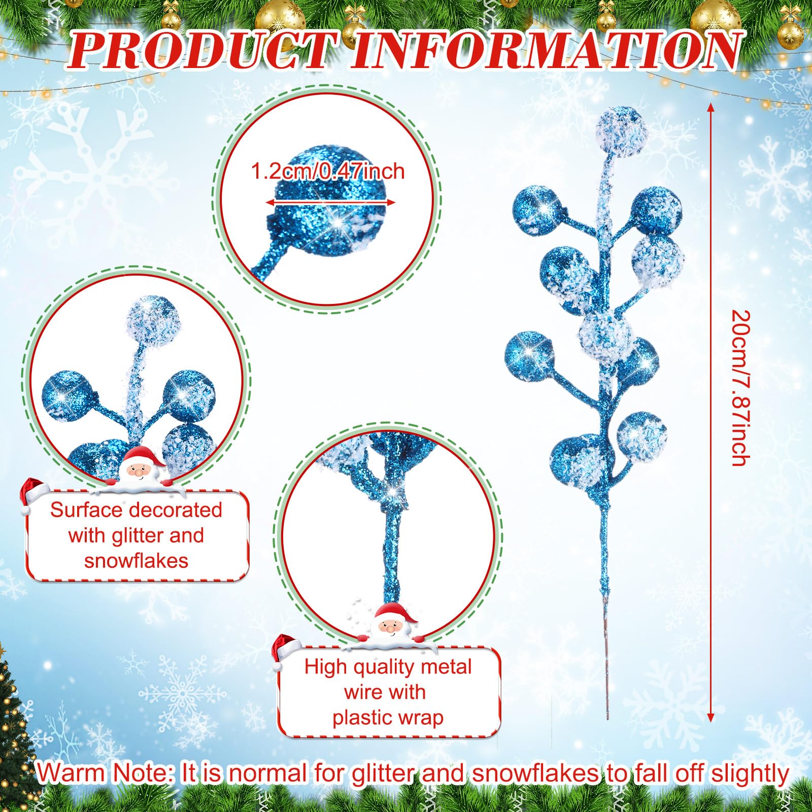 Geosar 30 Pieces Artificial Christmas Berry Picks with Snowflake Glitter Artificial Holly Berry Stems for Christmas Tree Ornamen