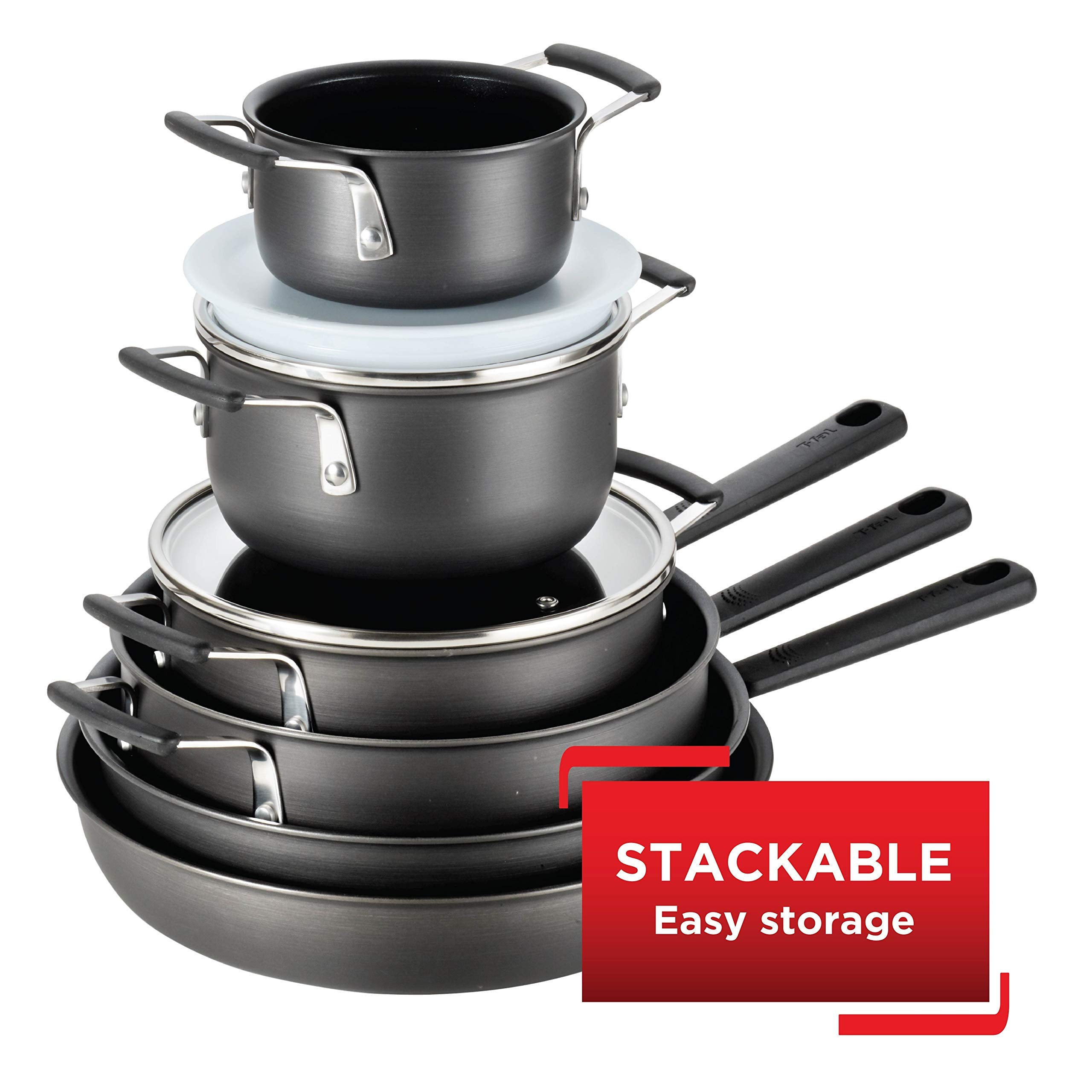 T-fal All In One Hard Anodized Nonstick cookware Set 12 Piece Pots and Pans, Dishwasher Safe Black