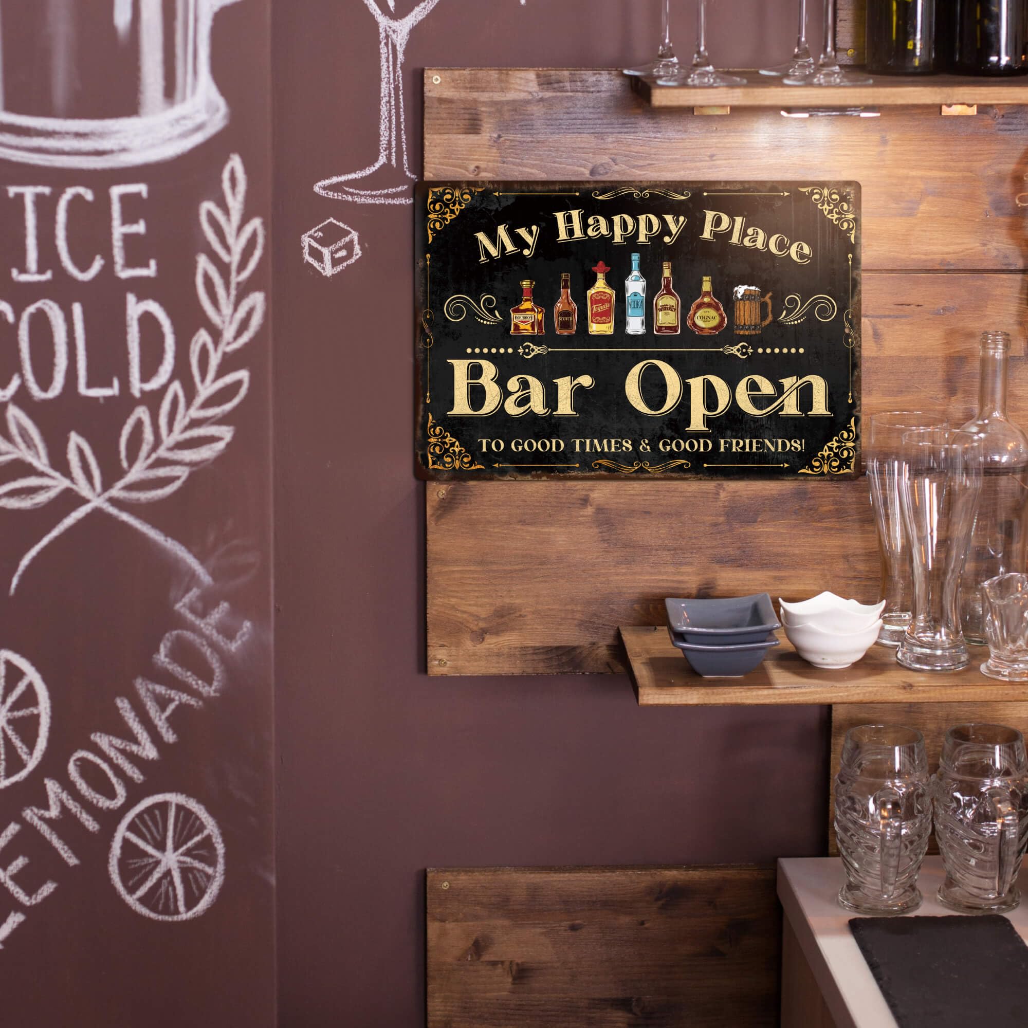 Putuo Decor Home Bar Sign, Retro Metal Tin Sign, My Happy Place Bar Open, 12 x 8 Inches