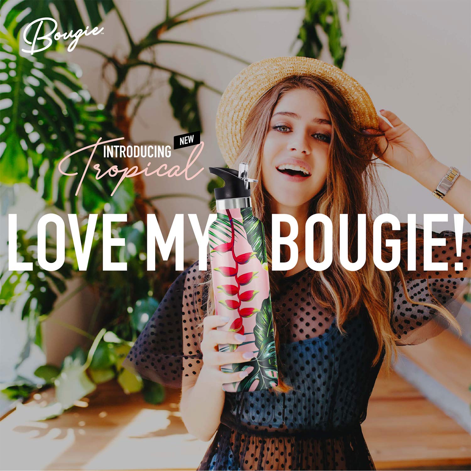 Bougie My Bottle Flamingo Stainless Steel Double Walled Insulated Water Bottle With Wide Mouth Flip N Sip Lip Lid, Two Straws &