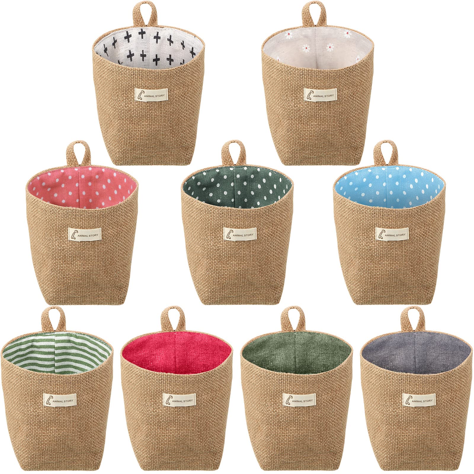 Boao 9 Pcs Mini Wall Hanging Storage Bags Cotton Linen Storage Basket Small Foldable Family Organizer Box Decorative Hanging Bas