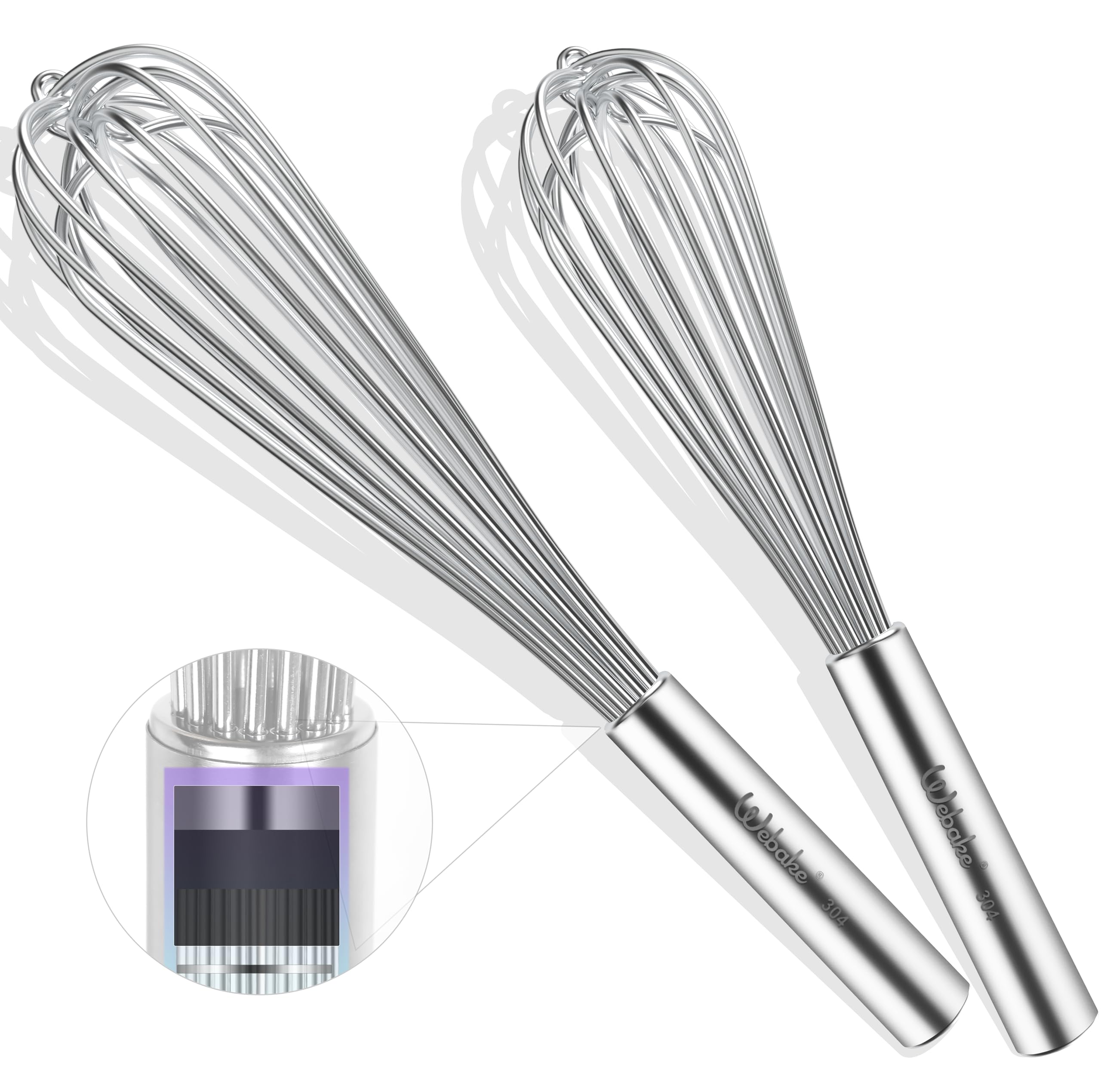 Webake 17 Inch & 14 Inch Commercial Whisk Set of 2, 304 Stainless Steel Large Whisk, ExtraThick 2.5mm Wires, Professional Kitch