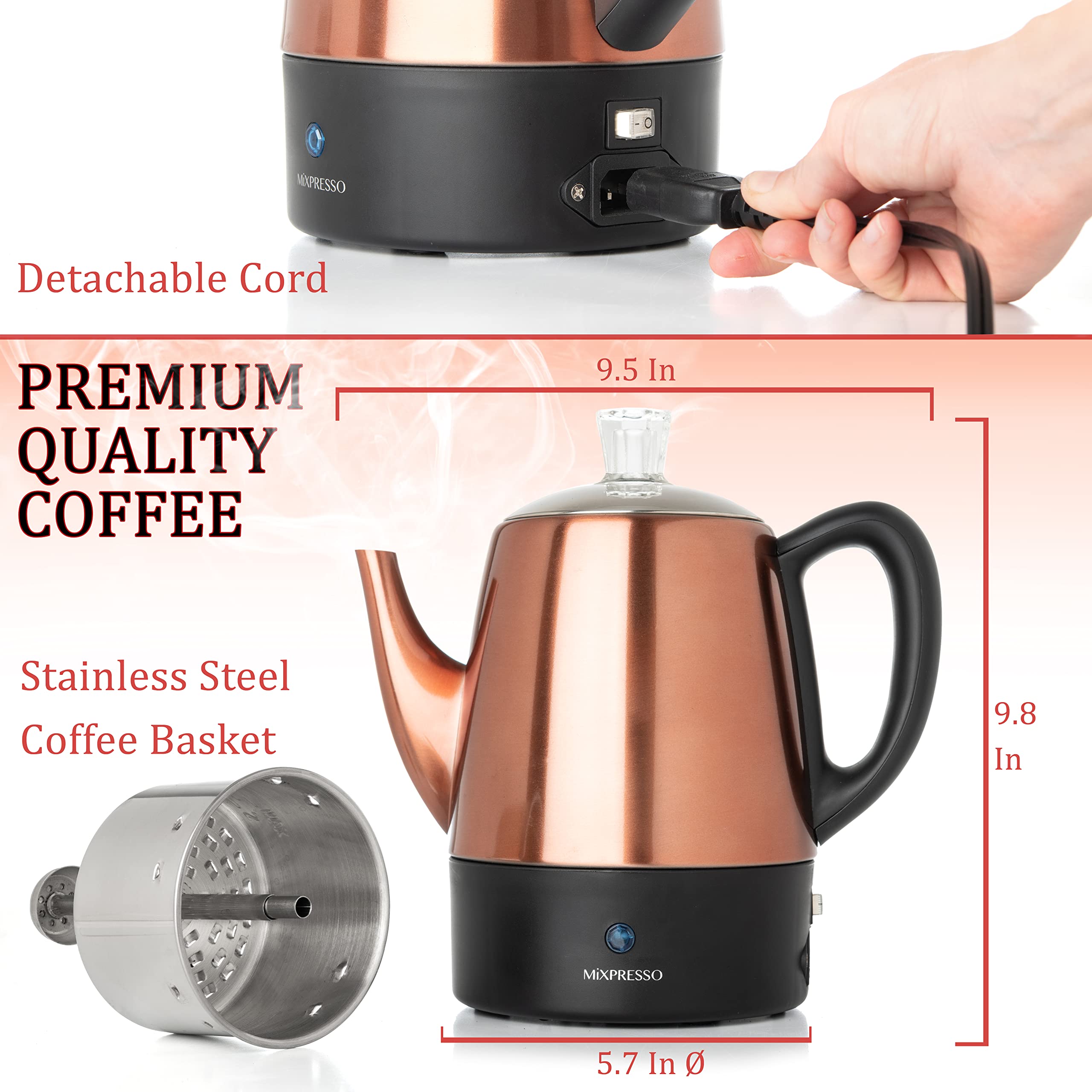 Mixpresso Electric Coffee Percolator Copper Body With Stainless Steel Lids Coffee Maker, Percolator Electric Pot - 4 Cups, Coppe