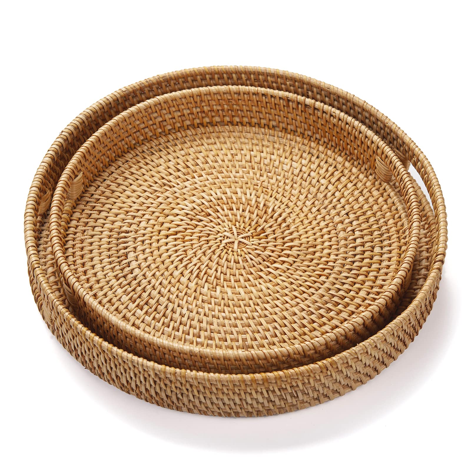 Rattan Round Serving Tray  Hand Woven Serving Basket with Cut - Out Handles  Wicker Fruit/Bread Serving Basket (11.8 + 14.2 inch)