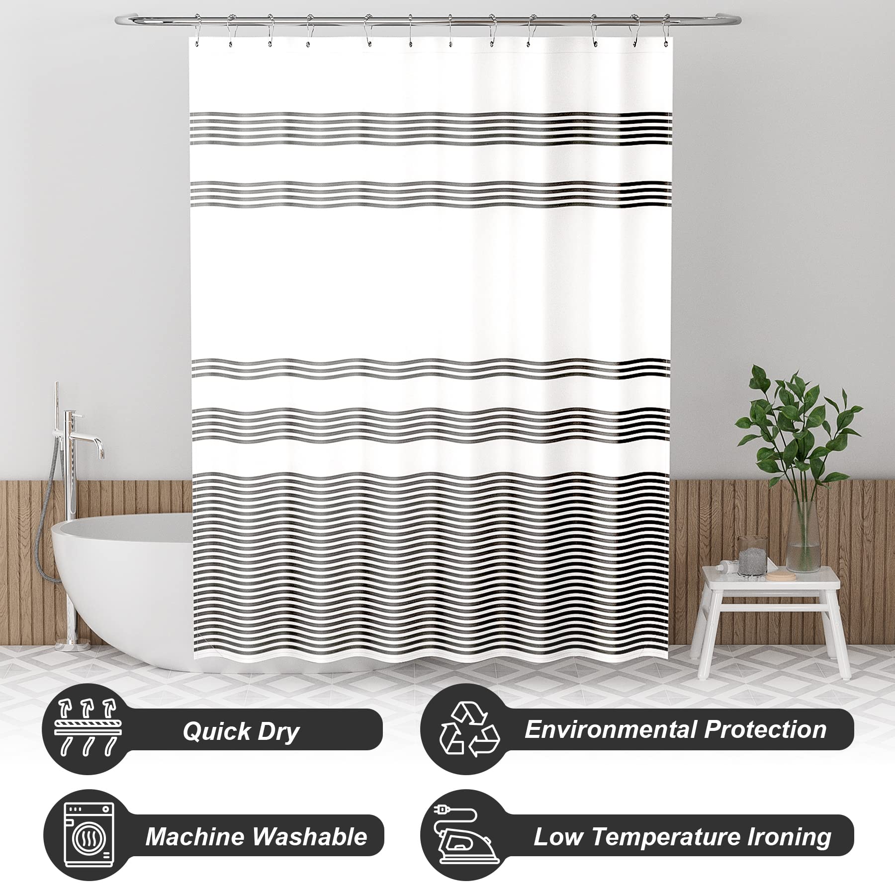 Amazerbath Shower Curtain, Striped Black Fabric Shower Curtain Set With 12 Shower Curtain Hooks, Rustic Cloth Black And White Sh