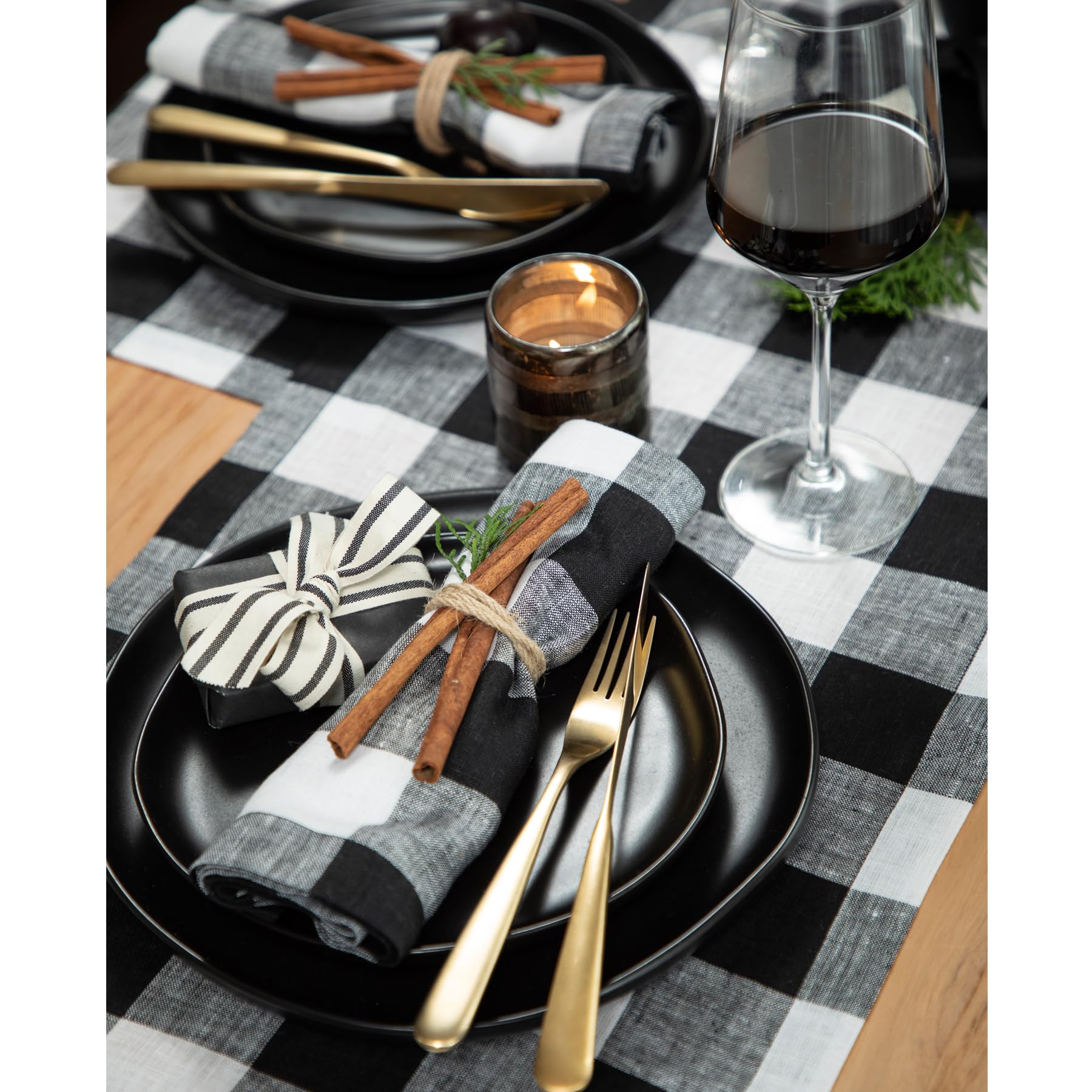 Solino Home Buffalo Check Linen Table Runner 144 Inches Long - 100% Pure Linen Black And White Plaid Table Runner 14 X 144 Inch