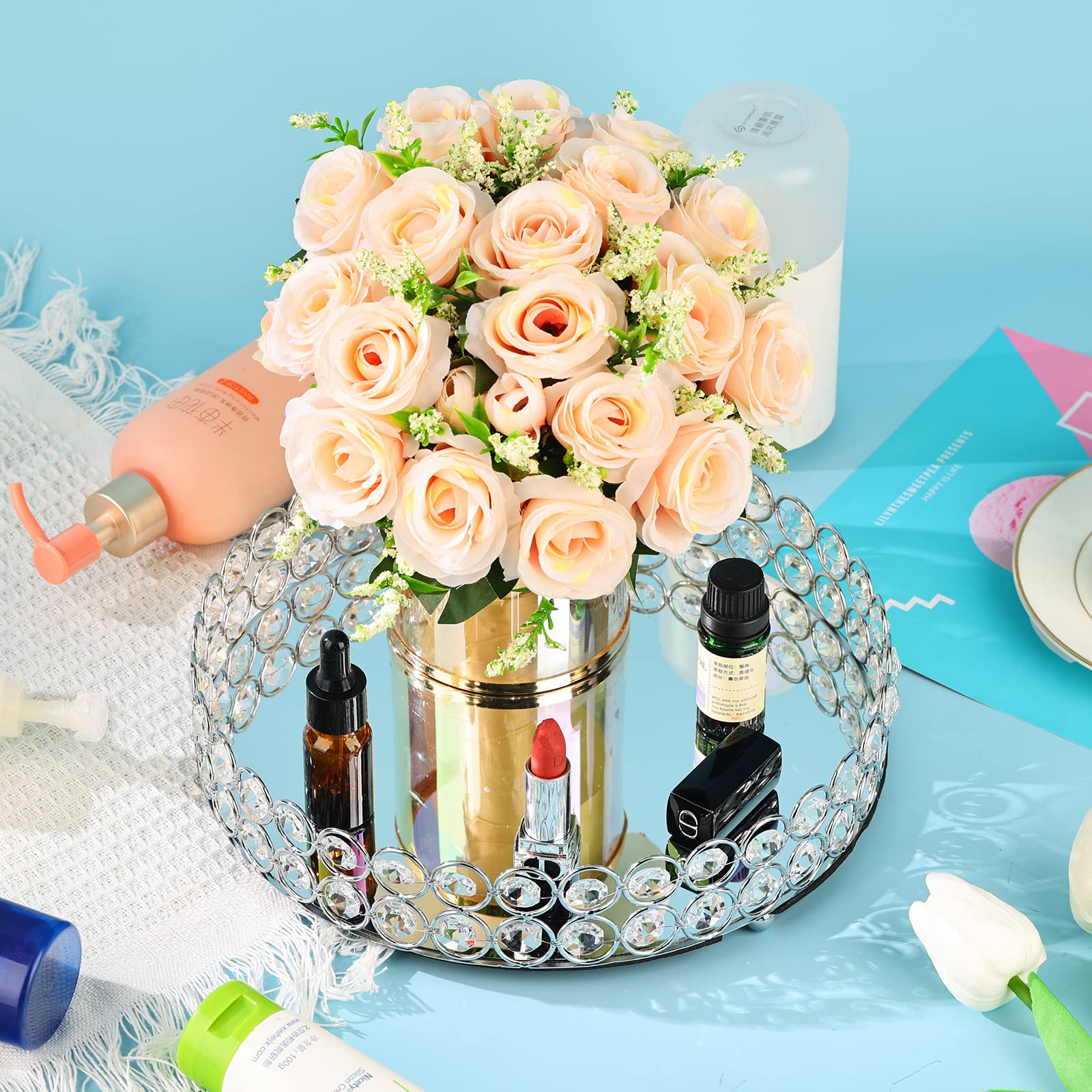 Elegant Silver Crystal Mirror Perfume Tray For Vanity, Coffee Table, And Home Decor - Small Glass Tray For Jewelry, Perfume, And