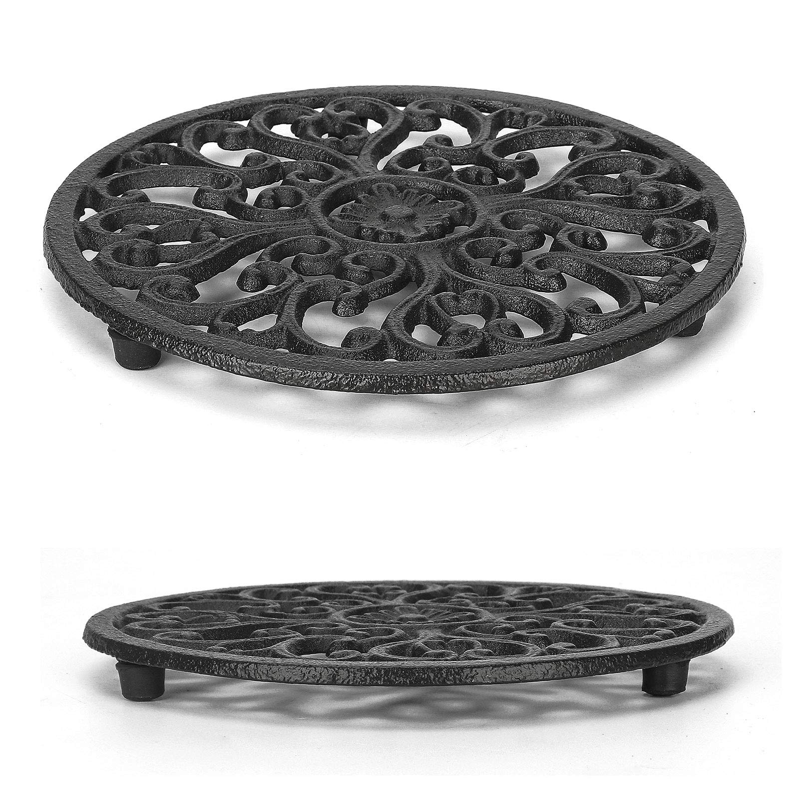 Herngee 2 Pack Round Cast Iron Trivet, 6.7 Inch Heavy-Duty Trivets For Hot Dishes, Pots And Pans, With Rubber Feet Non-Slip, Rus